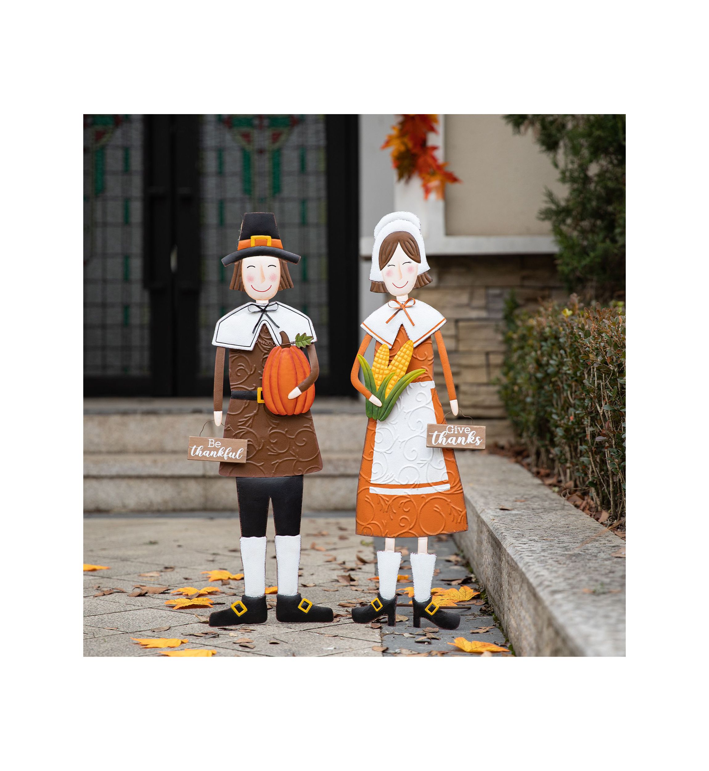 Set of 2 Metal Thanksgiving Pilgrim Yard Stake, Standing Decor or Hanging Decor 8.25"L*0.50"W*36.00"H8.25"L*1.00"W*36.00"H