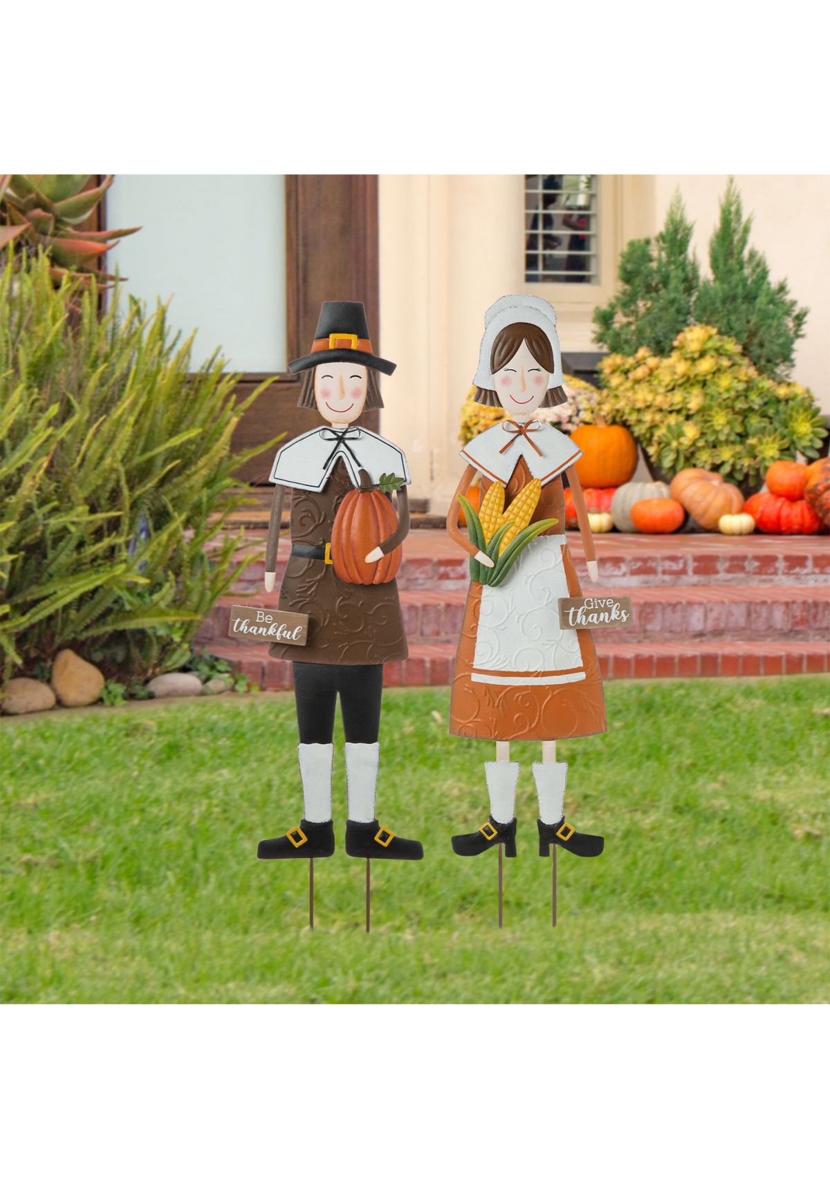 Set of 2 Metal Thanksgiving Pilgrim Yard Stake, Standing Decor or Hanging Decor 8.25"L*0.50"W*36.00"H8.25"L*1.00"W*36.00"H