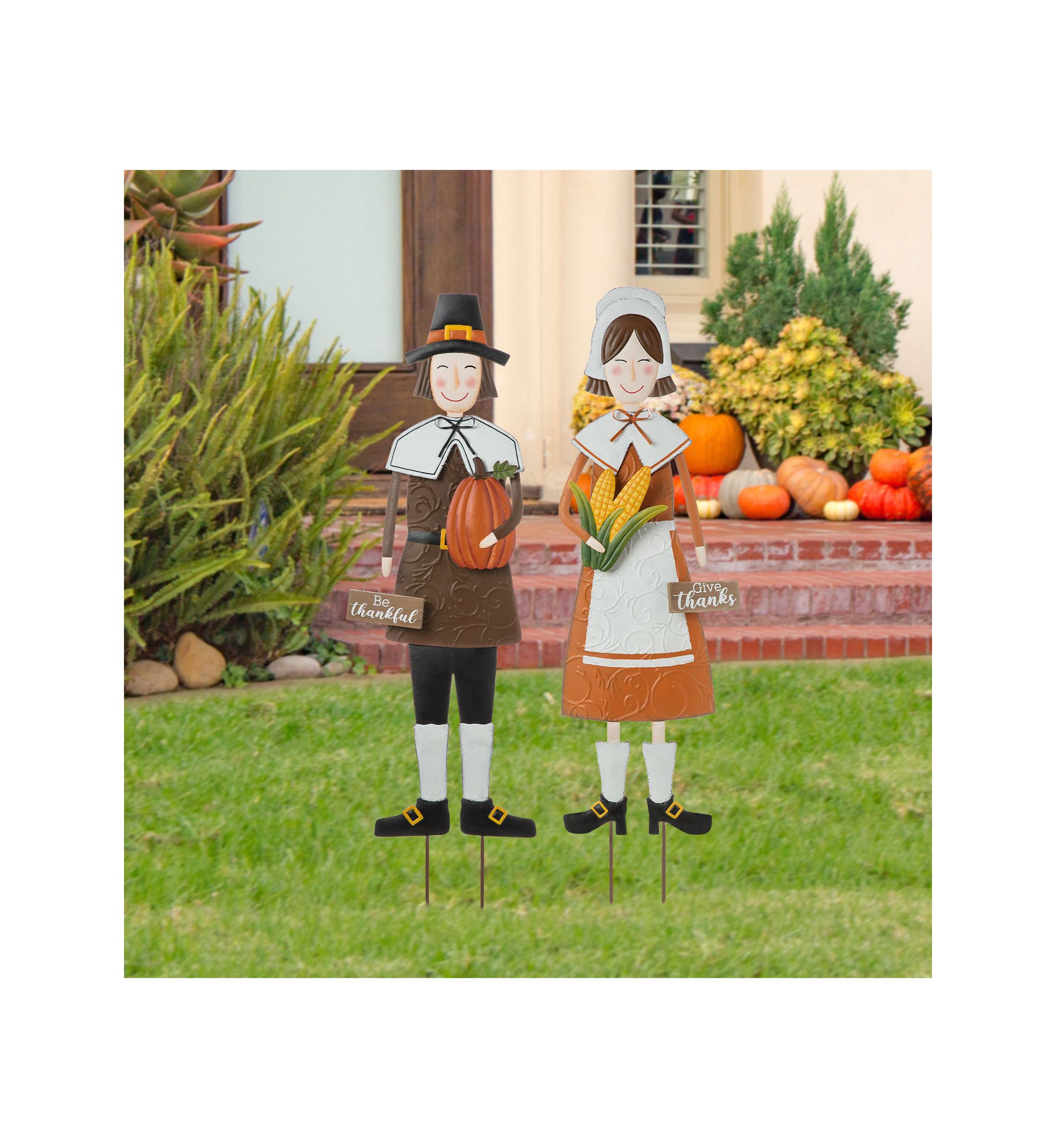 Set of 2 Metal Thanksgiving Pilgrim Yard Stake, Standing Decor or Hanging Decor 8.25"L*0.50"W*36.00"H8.25"L*1.00"W*36.00"H