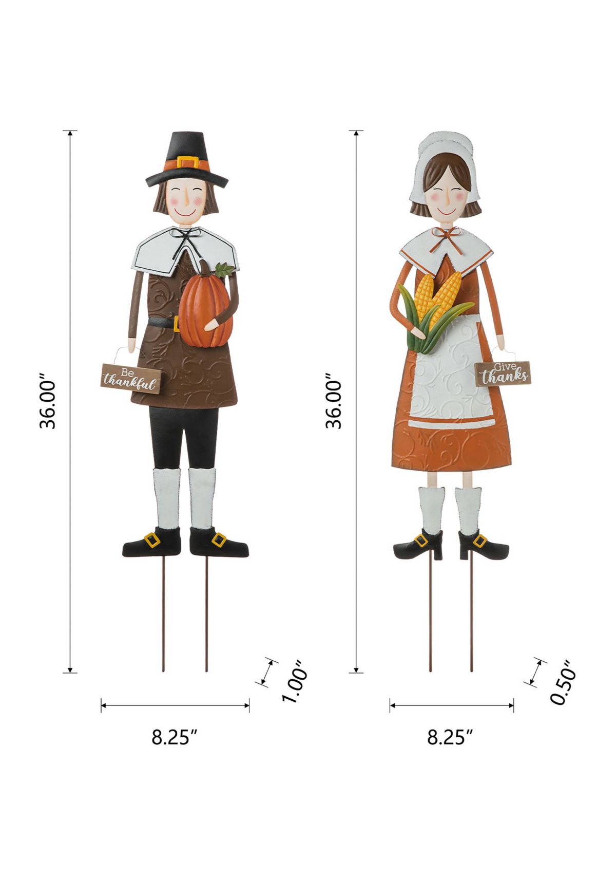 Set of 2 Metal Thanksgiving Pilgrim Yard Stake, Standing Decor or Hanging Decor 8.25"L*0.50"W*36.00"H8.25"L*1.00"W*36.00"H