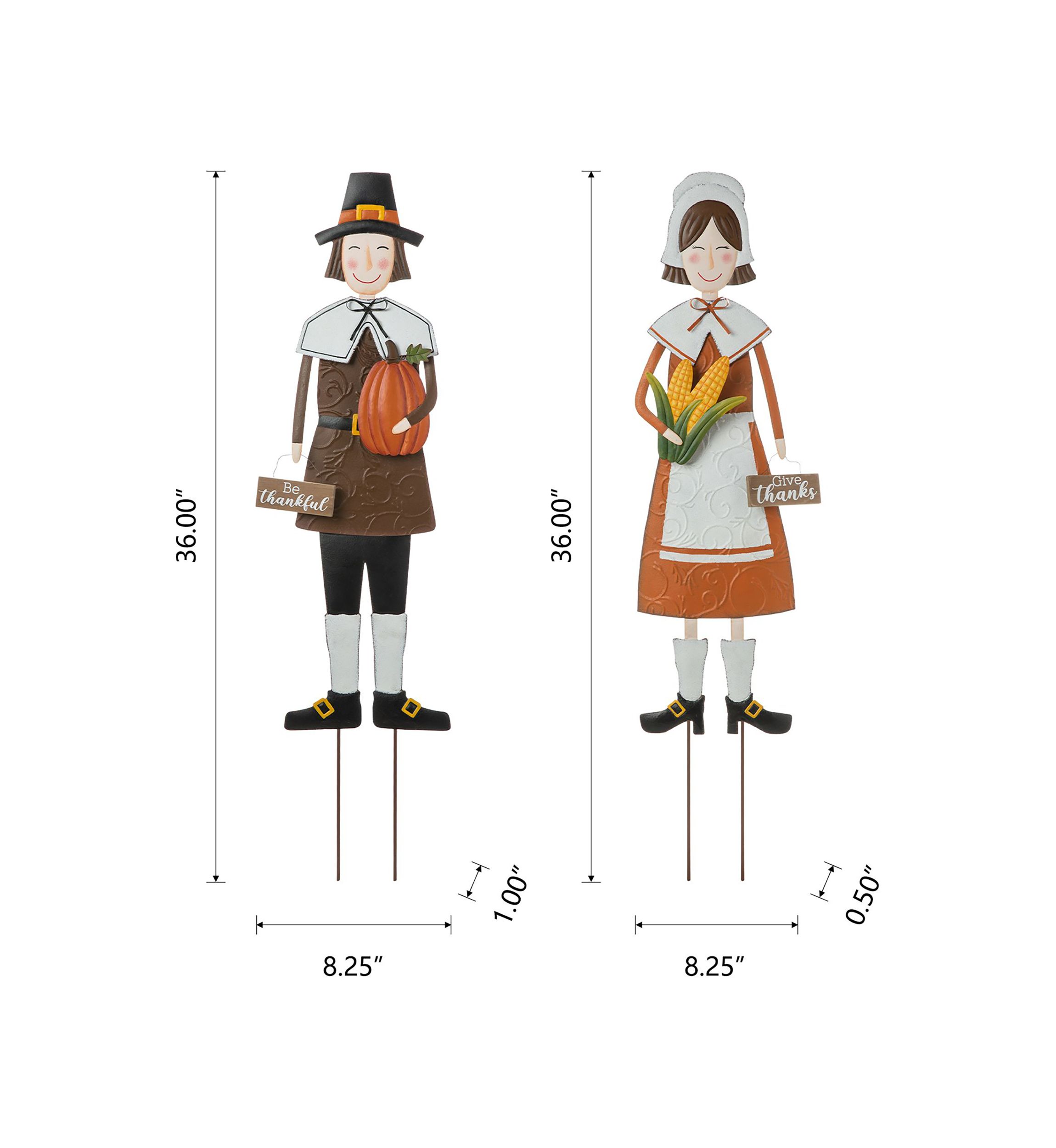 Set of 2 Metal Thanksgiving Pilgrim Yard Stake, Standing Decor or Hanging Decor 8.25"L*0.50"W*36.00"H8.25"L*1.00"W*36.00"H