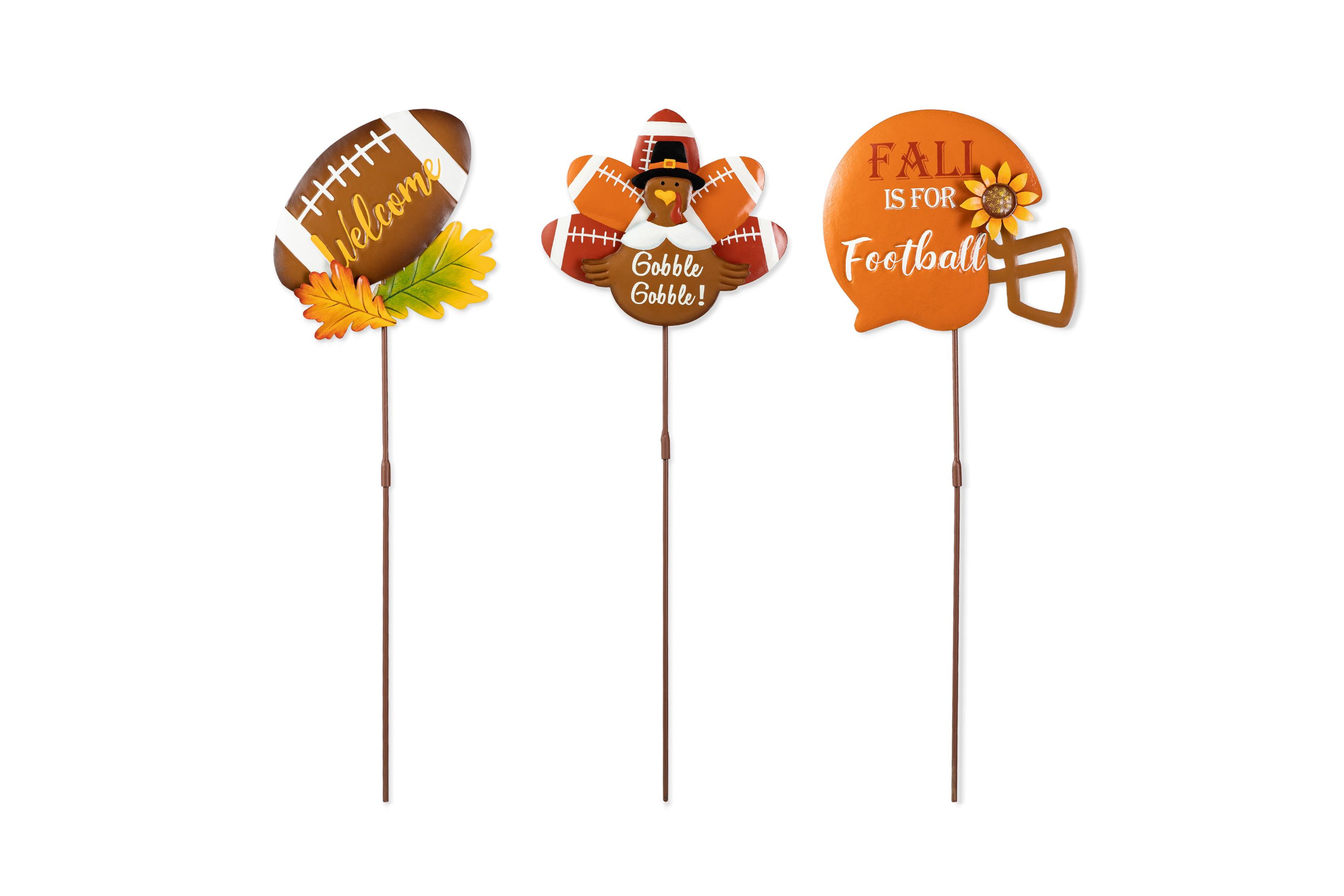 24"H Set of 3 Thanksgiving Metal Football Turkey Yard Stake(KD)