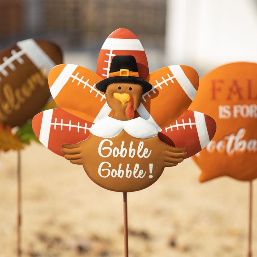 24"H Set of 3 Thanksgiving Metal Football Turkey Yard Stake(KD)