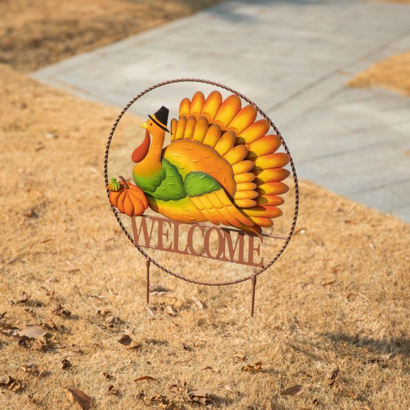 30"H Thanksgiving Metal "WELCOME" Turkey Yard Stake (KD, Two function)