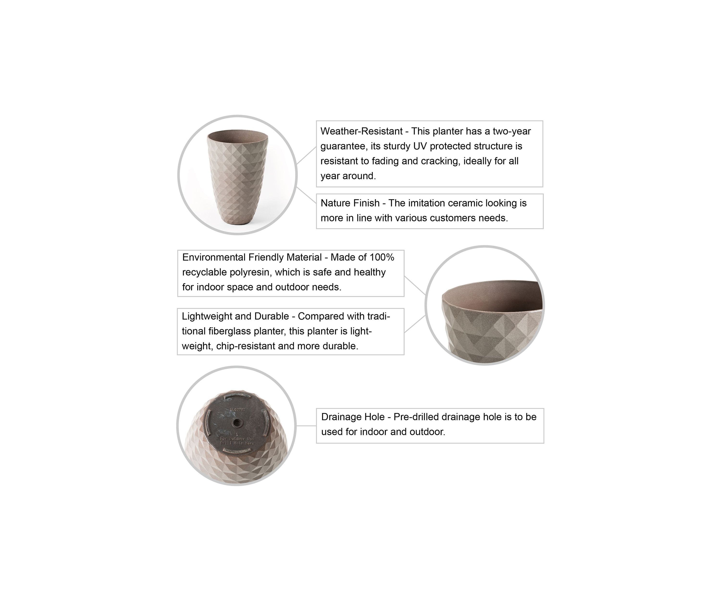 Set of 2 Oversized Eco-Friendly PE Faux Ceramic Textured Tall Pot Planter
