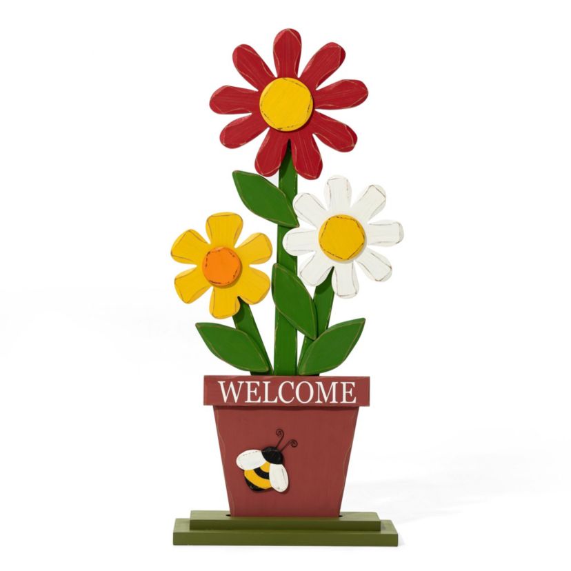 30"H Wooden Trio Flowers Welcome Porch Décor (KD)
