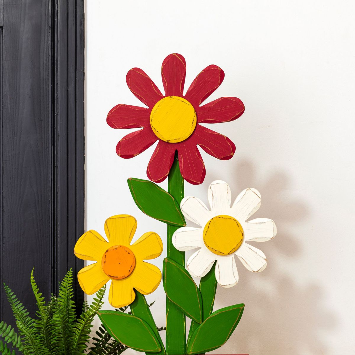 30"H Wooden Trio Flowers Welcome Porch Décor (KD)