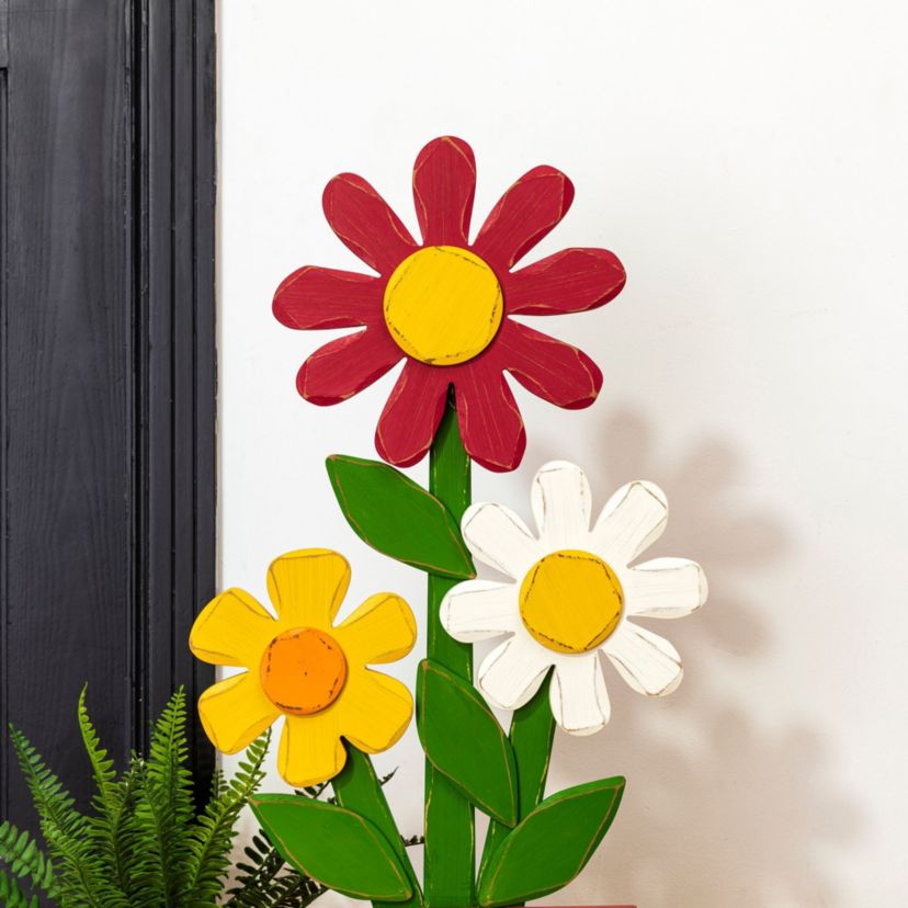 30"H Wooden Trio Flowers Welcome Porch Décor (KD)