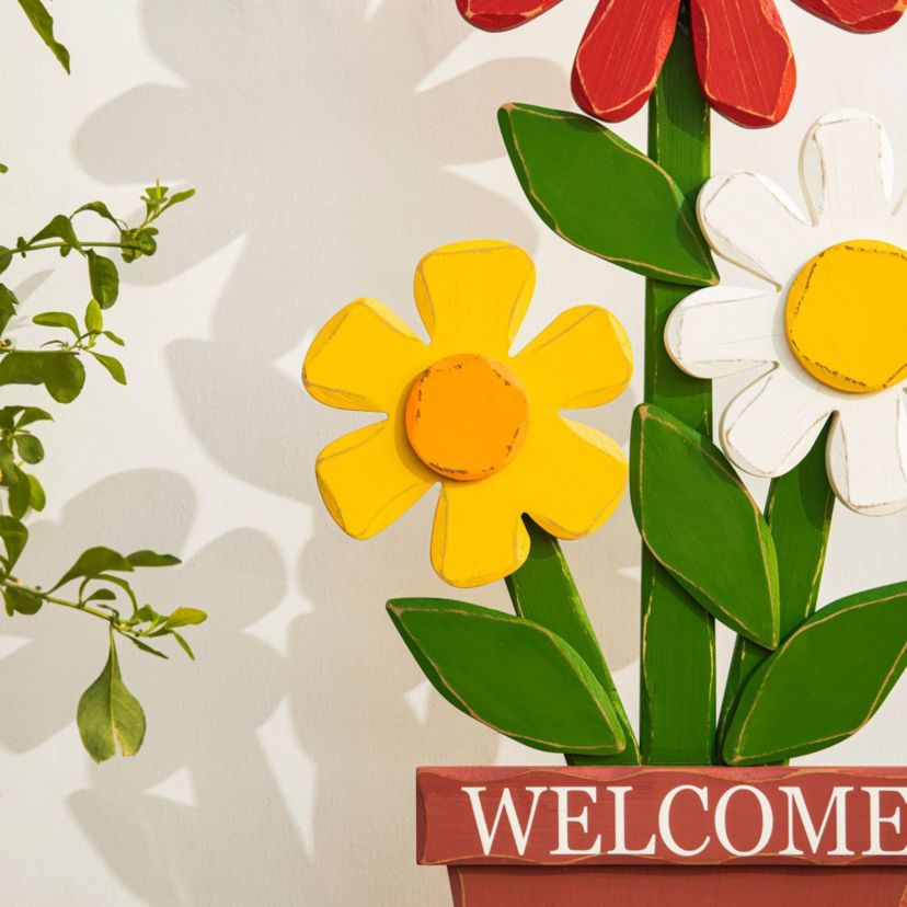 30"H Wooden Trio Flowers Welcome Porch Décor (KD)