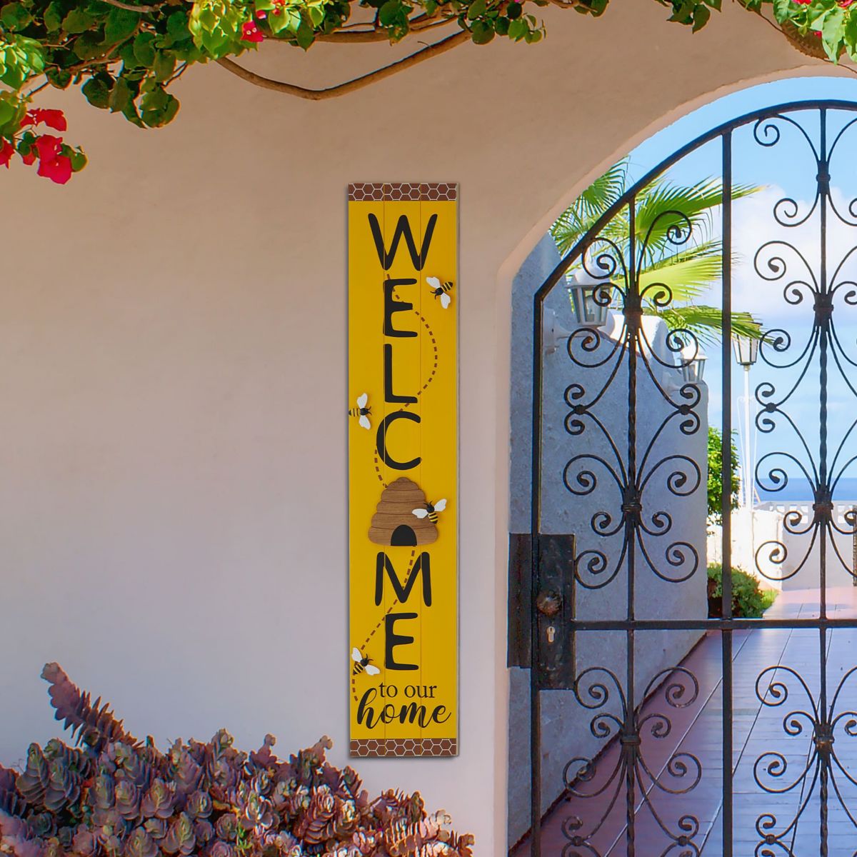 42"H Solid Wood "WELCOME" Porch Sign with Bee