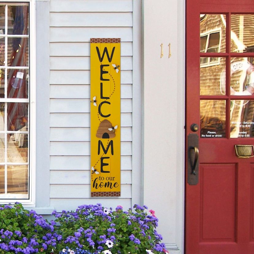 42"H Solid Wood "WELCOME" Porch Sign with Bee