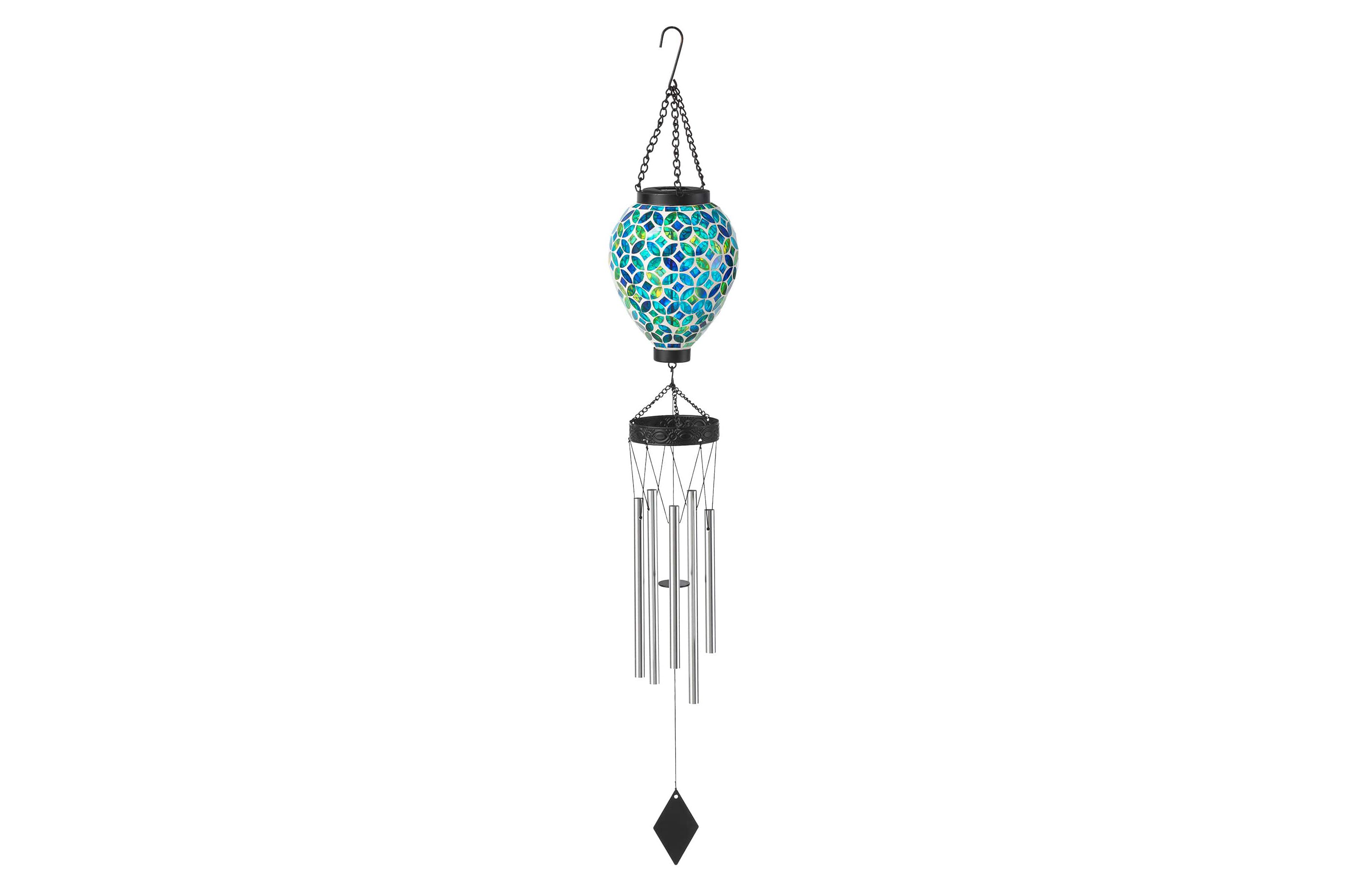 37"H Solar Lighted Metal and Glass Mosaic Windchime (KD)