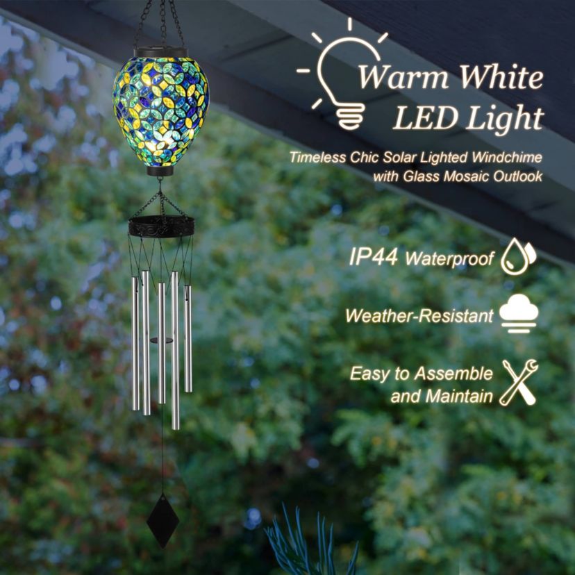 37"H Solar Lighted Metal and Glass Mosaic Windchime (KD)