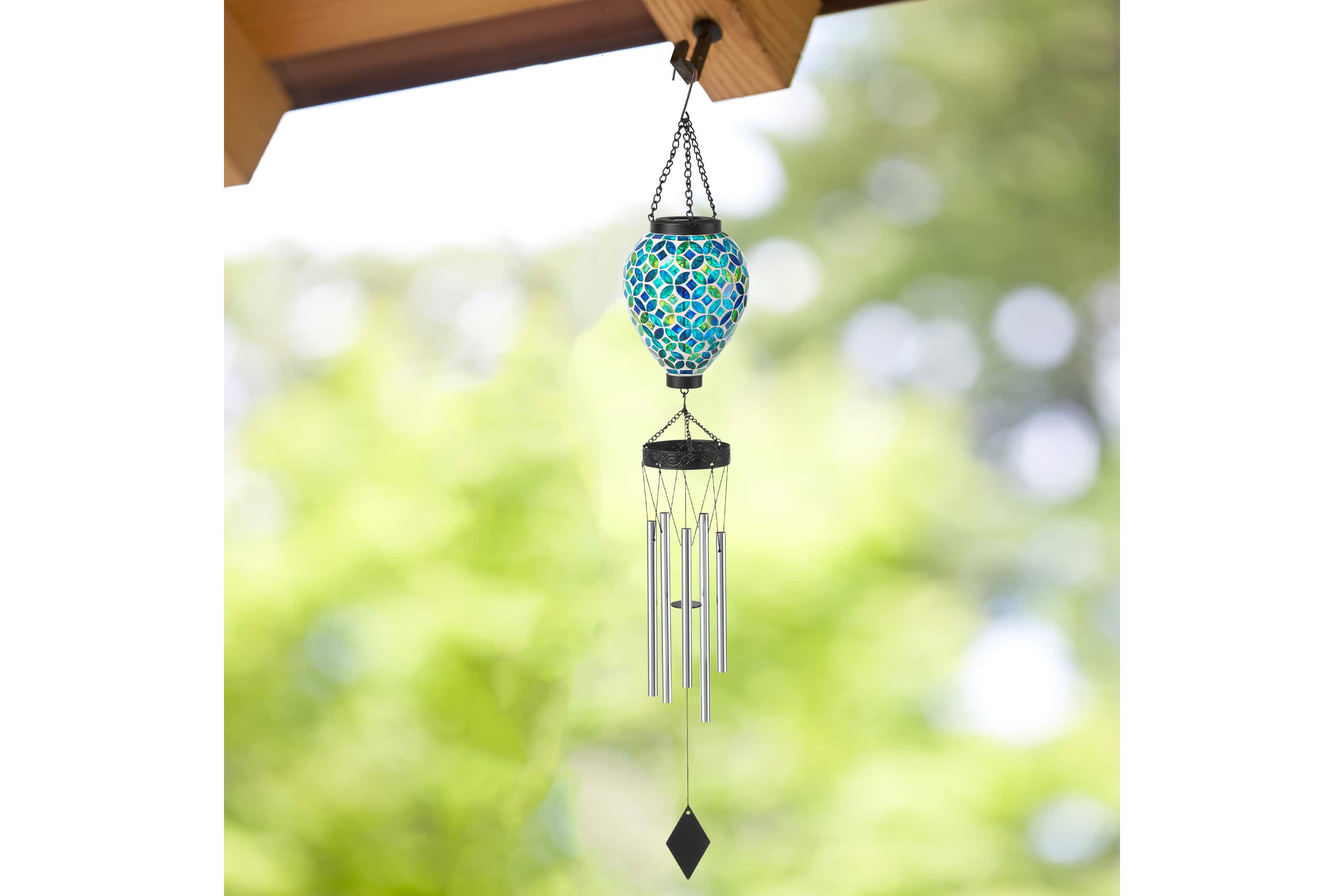 37"H Solar Lighted Metal and Glass Mosaic Windchime (KD)