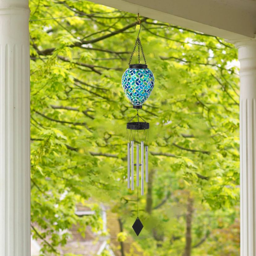 37"H Solar Lighted Metal and Glass Mosaic Windchime (KD)