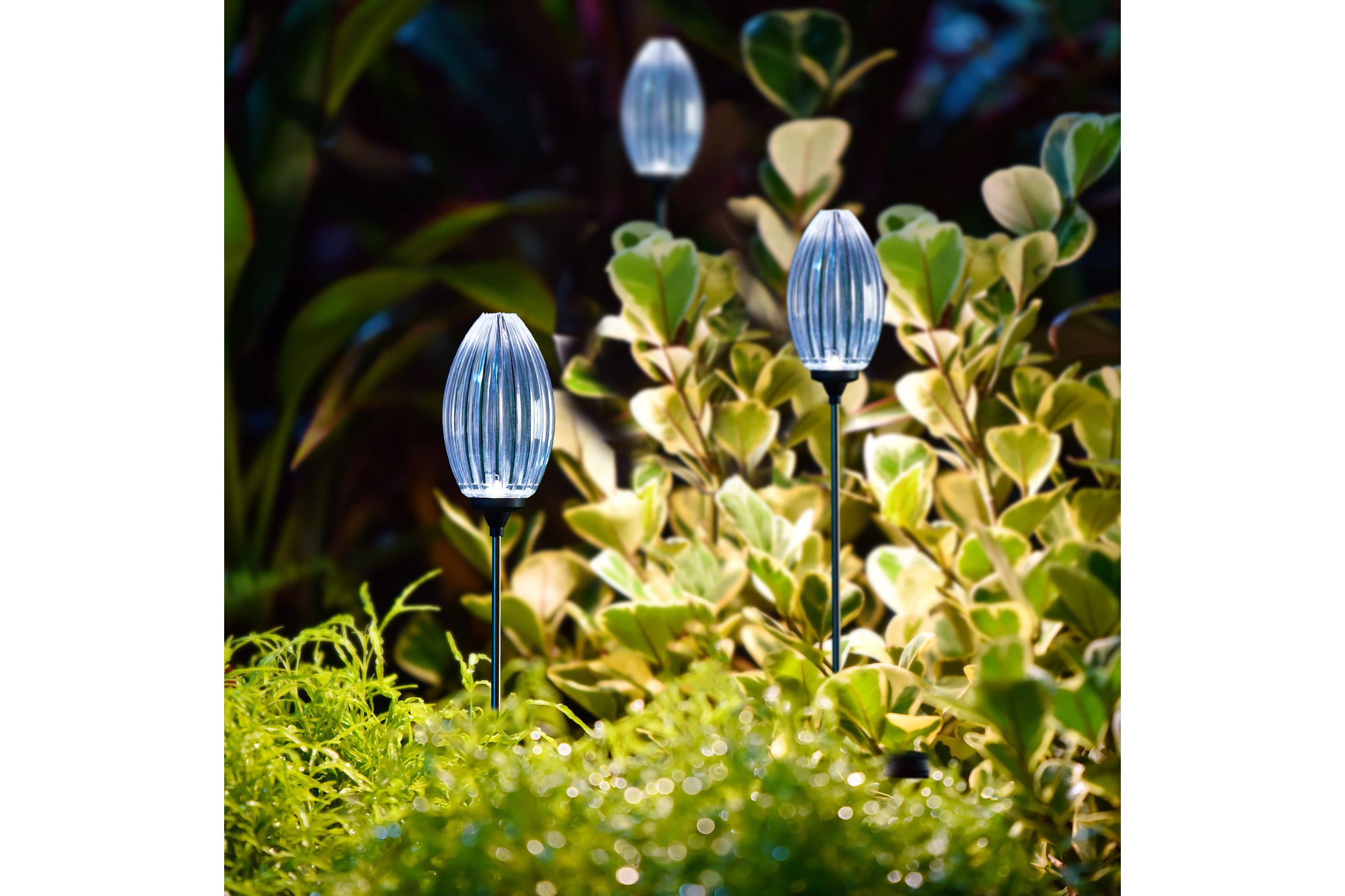 36"H Set of 3 Solar Powered Stake Oval Flower Light with Stainless Steel Pole (KD)