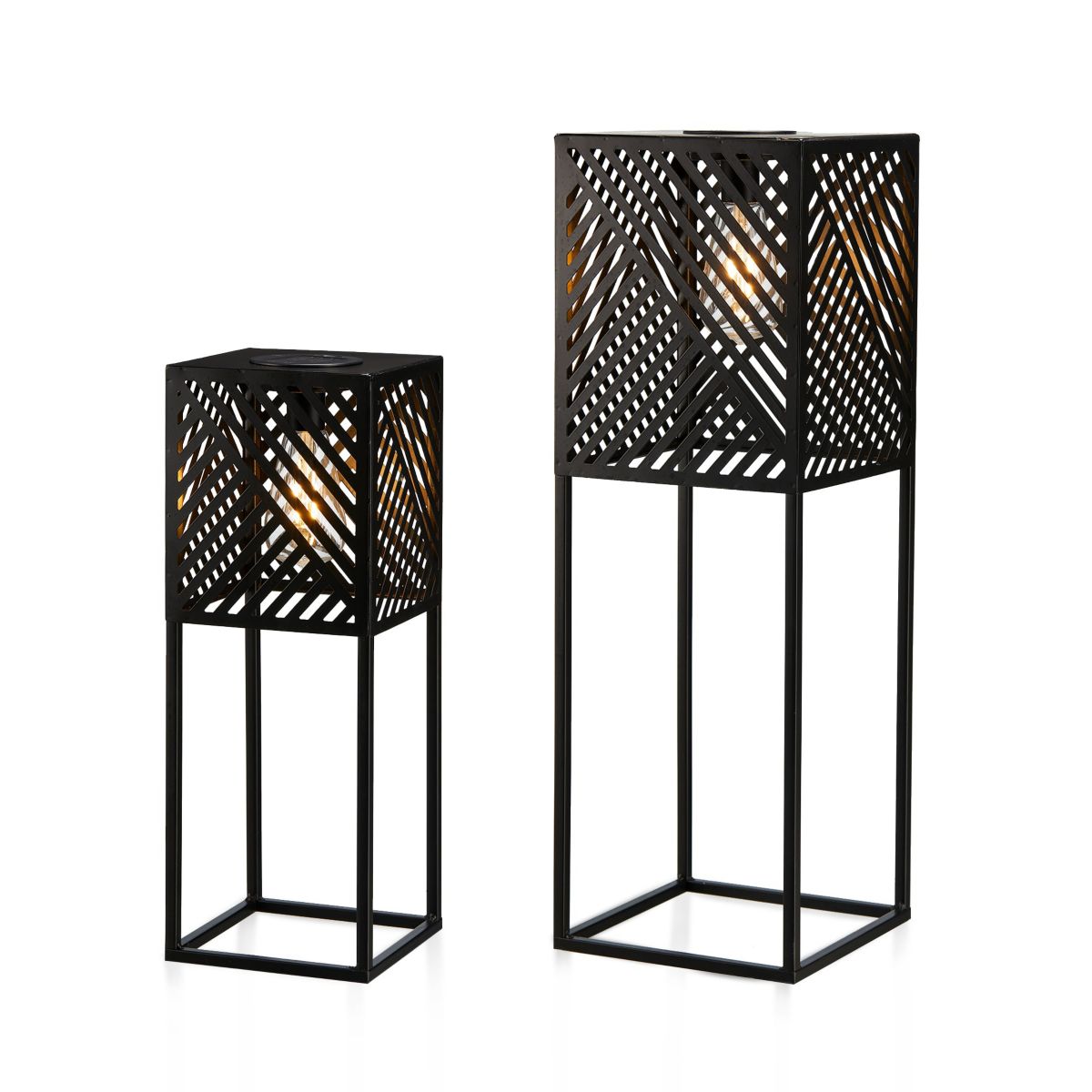23.75"H / 17.75"H Set of 2 Black Metal Stripes Geometric Solar Powered Edison Bulb Outdoor Floor Lantern or planter standsL: 8"L X 8"W X 23.75"HS: 6.5"L X 6.5"W X 17.75"H