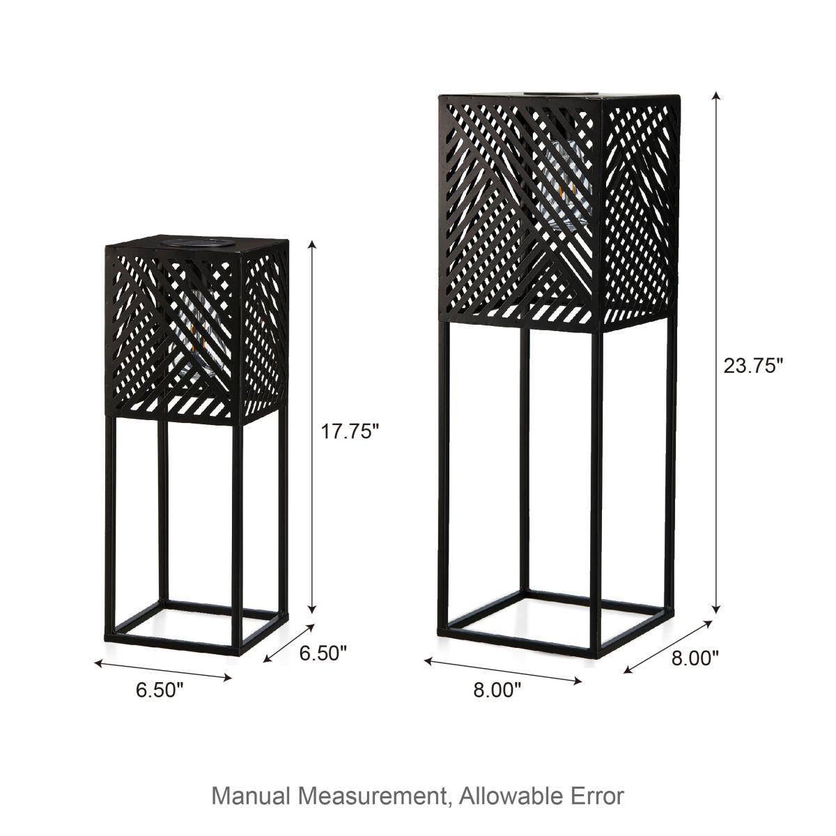 23.75"H / 17.75"H Set of 2 Black Metal Stripes Geometric Solar Powered Edison Bulb Outdoor Floor Lantern or planter standsL: 8"L X 8"W X 23.75"HS: 6.5"L X 6.5"W X 17.75"H