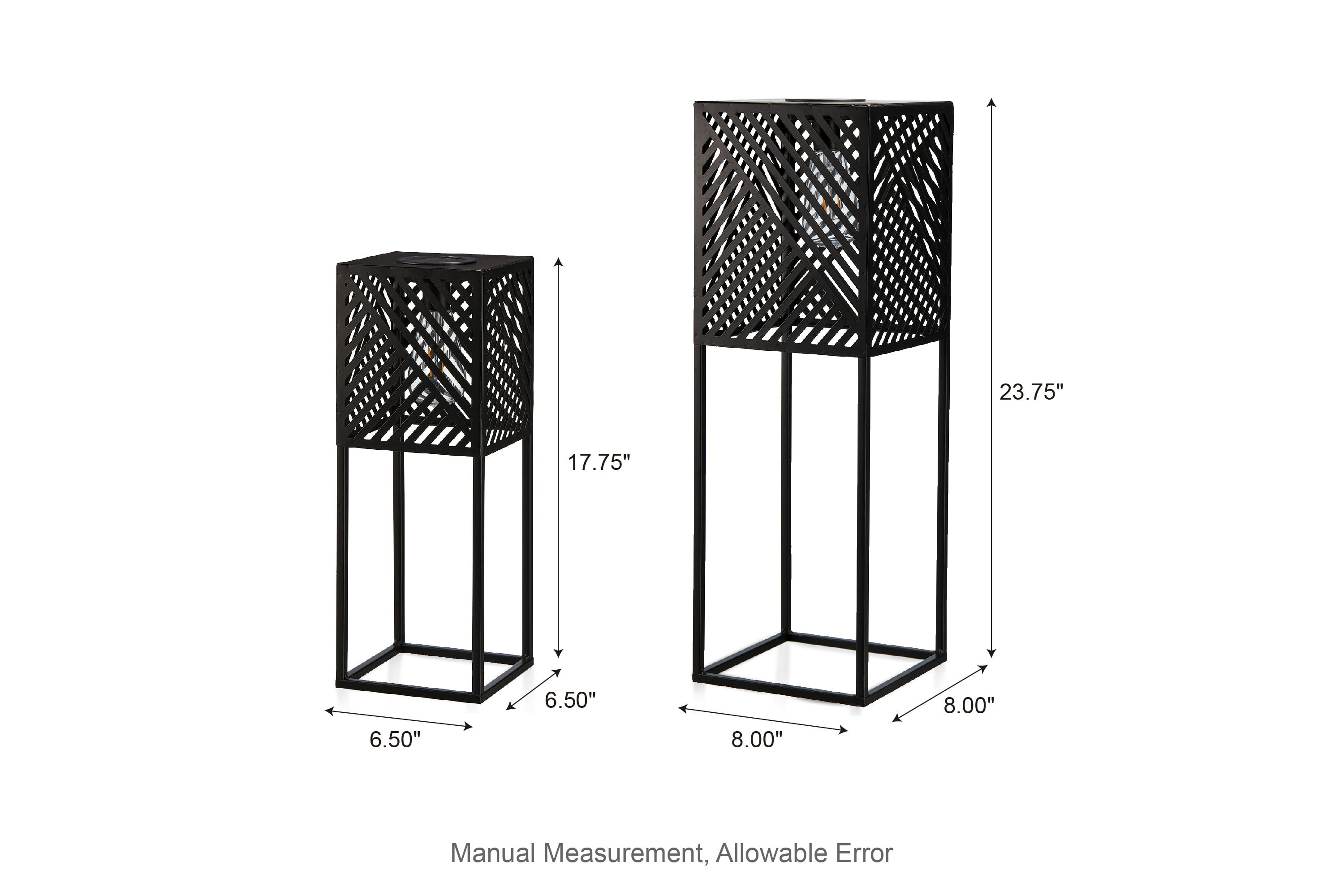 23.75"H / 17.75"H Set of 2 Black Metal Stripes Geometric Solar Powered Edison Bulb Outdoor Floor Lantern or planter standsL: 8"L X 8"W X 23.75"HS: 6.5"L X 6.5"W X 17.75"H