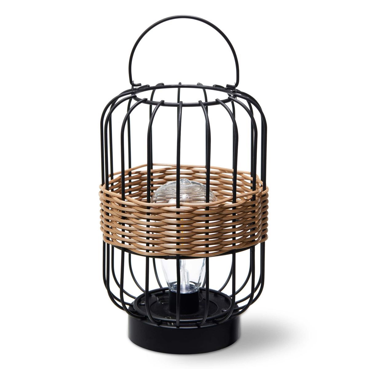 11.75"H Metal Wire Faux Rattan Solar Powered Outdoor Lantern with Edison Bulb and Handle