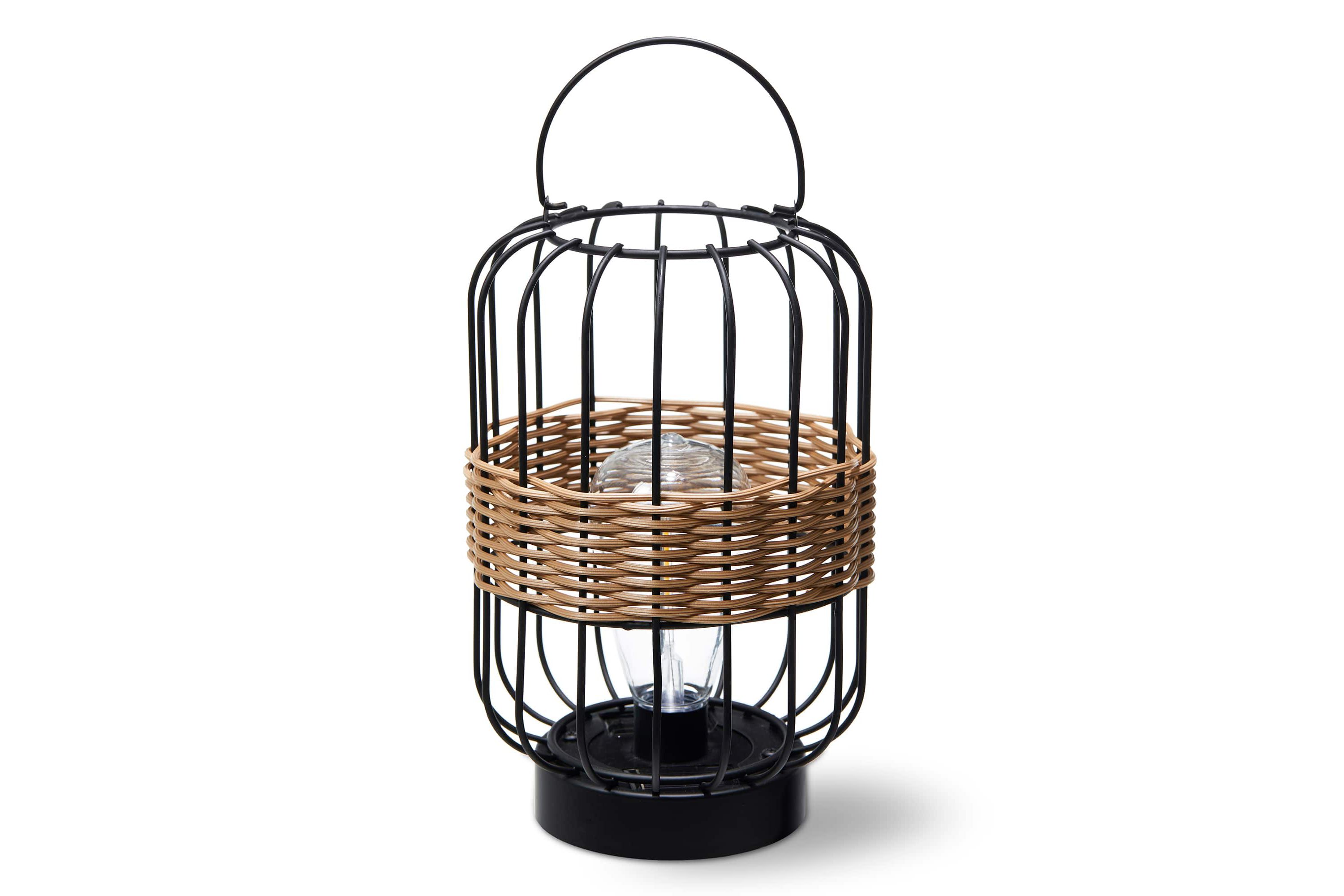 11.75"H Metal Wire Faux Rattan Solar Powered Outdoor Lantern with Edison Bulb and Handle