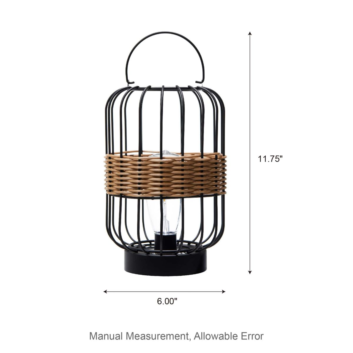 11.75"H Metal Wire Faux Rattan Solar Powered Outdoor Lantern with Edison Bulb and Handle