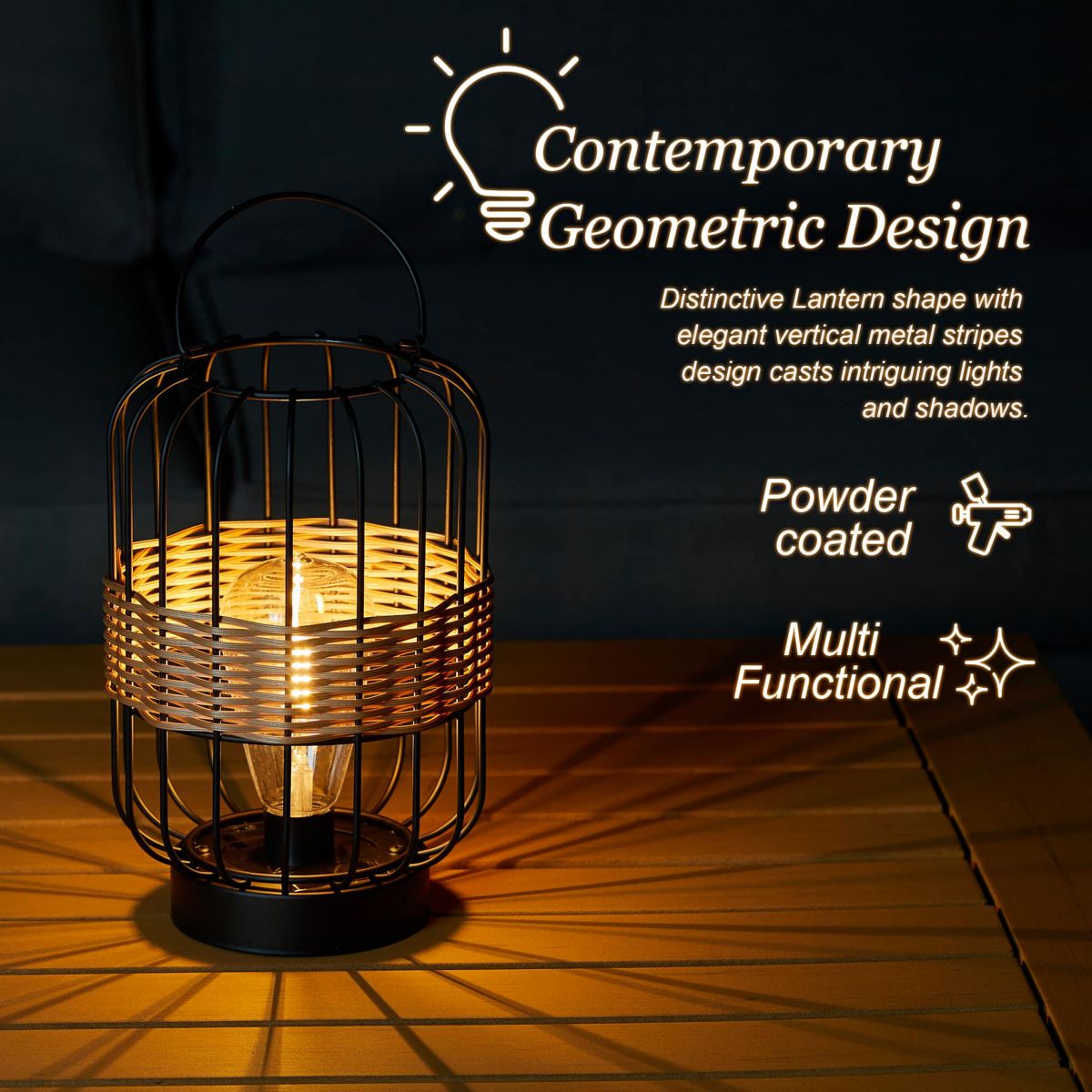 11.75"H Metal Wire Faux Rattan Solar Powered Outdoor Lantern with Edison Bulb and Handle