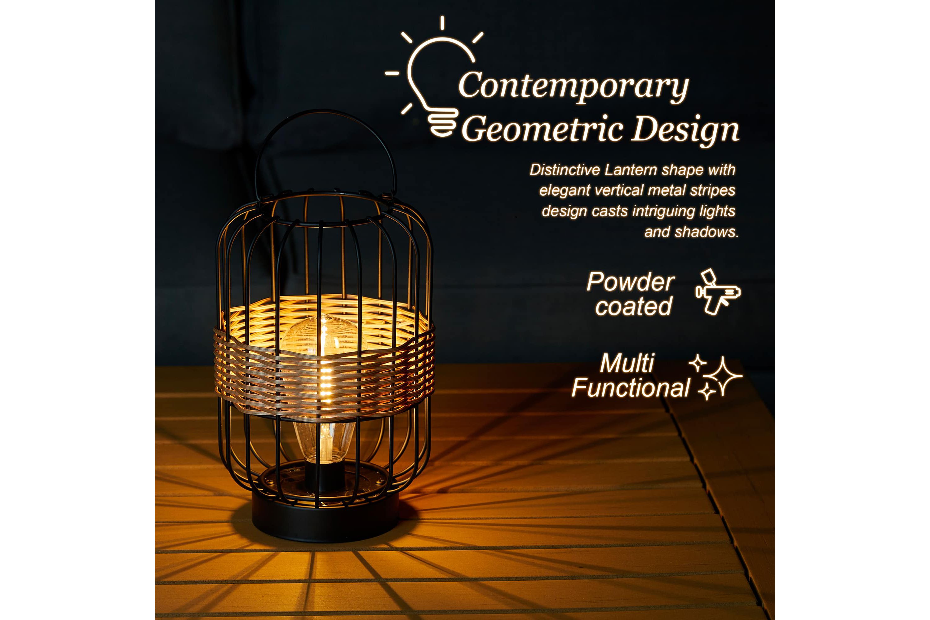 11.75"H Metal Wire Faux Rattan Solar Powered Outdoor Lantern with Edison Bulb and Handle