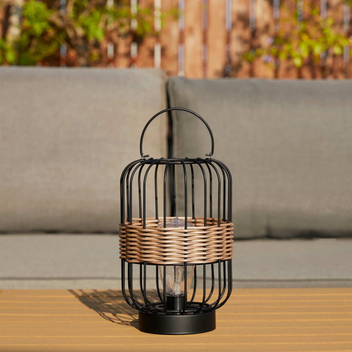 11.75"H Metal Wire Faux Rattan Solar Powered Outdoor Lantern with Edison Bulb and Handle