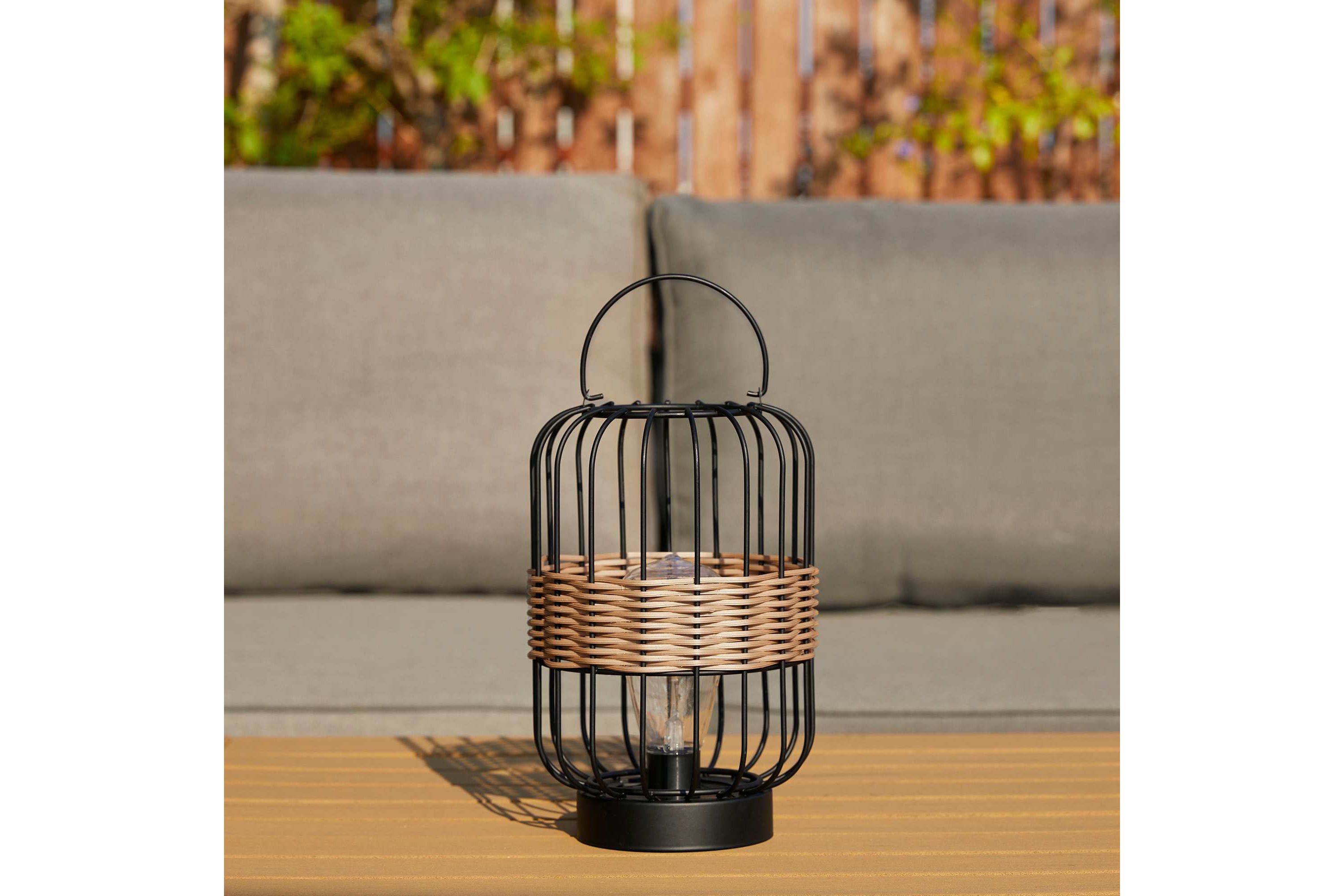 11.75"H Metal Wire Faux Rattan Solar Powered Outdoor Lantern with Edison Bulb and Handle