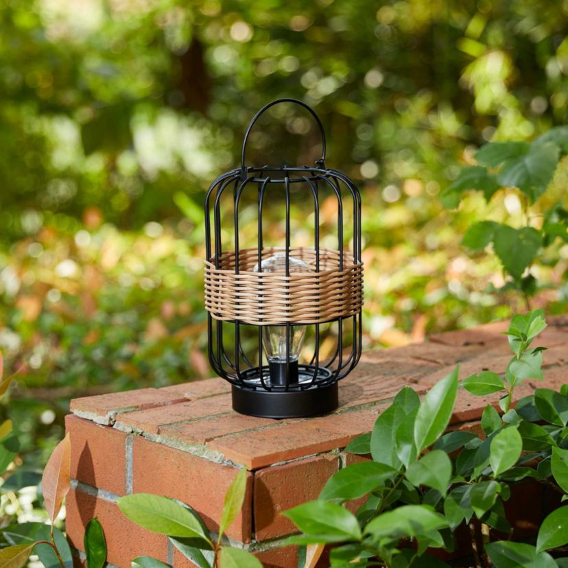11.75"H Metal Wire Faux Rattan Solar Powered Outdoor Lantern with Edison Bulb and Handle