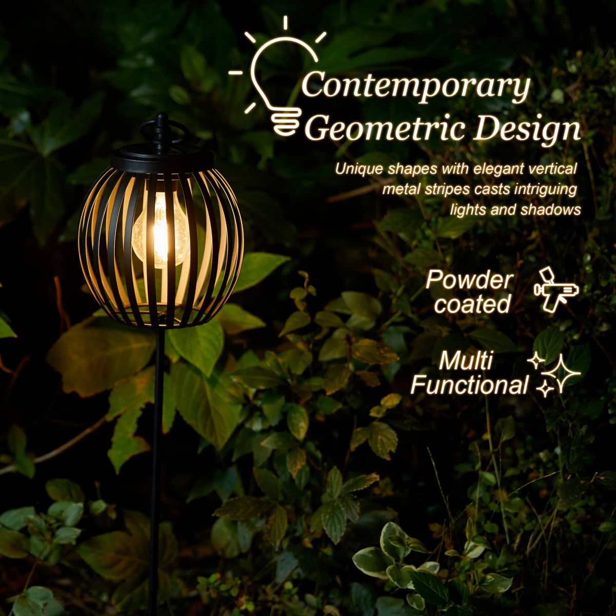 32.25"H Black Metal Stripes Solar Powered Outdoor Lantern with Edison Bulb and Stake (KD)