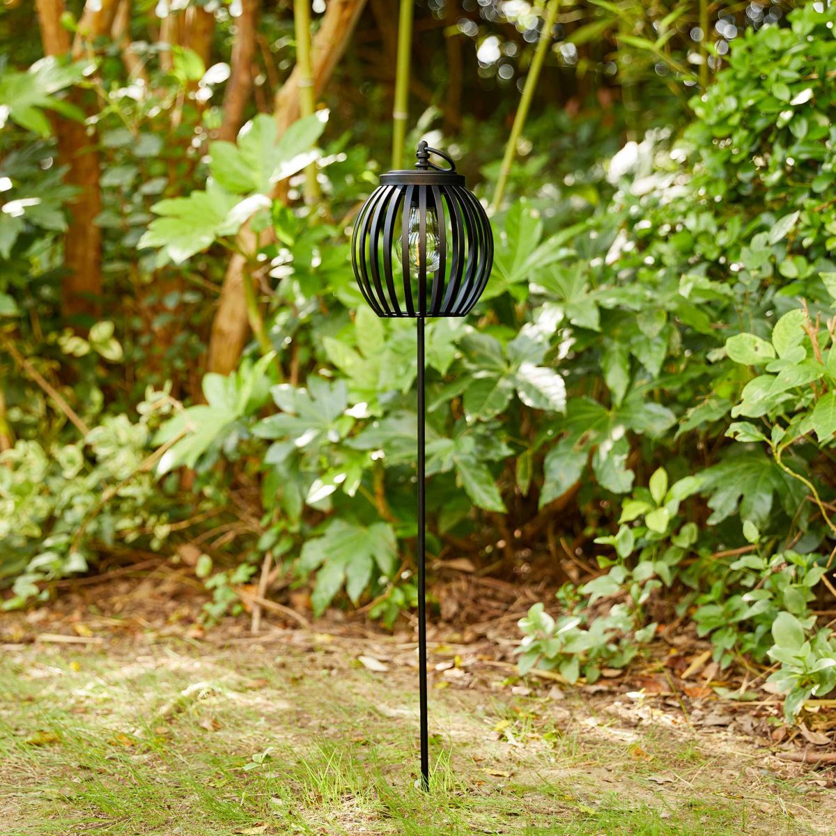 32.25"H Black Metal Stripes Solar Powered Outdoor Lantern with Edison Bulb and Stake (KD)