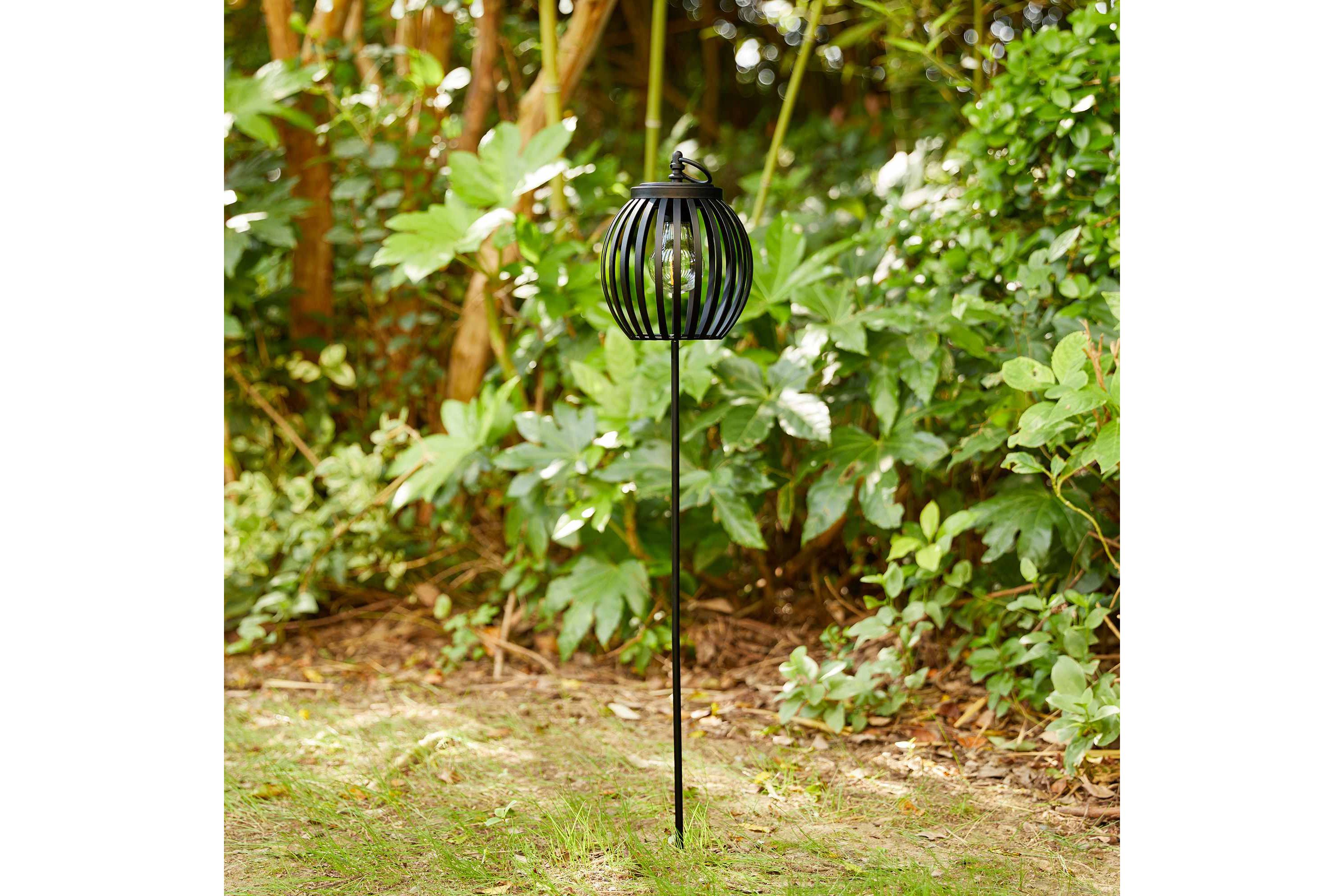 32.25"H Black Metal Stripes Solar Powered Outdoor Lantern with Edison Bulb and Stake (KD)