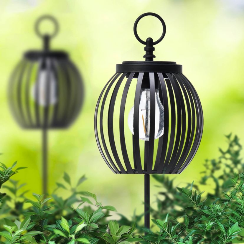 32.25"H Black Metal Stripes Solar Powered Outdoor Lantern with Edison Bulb and Stake (KD)