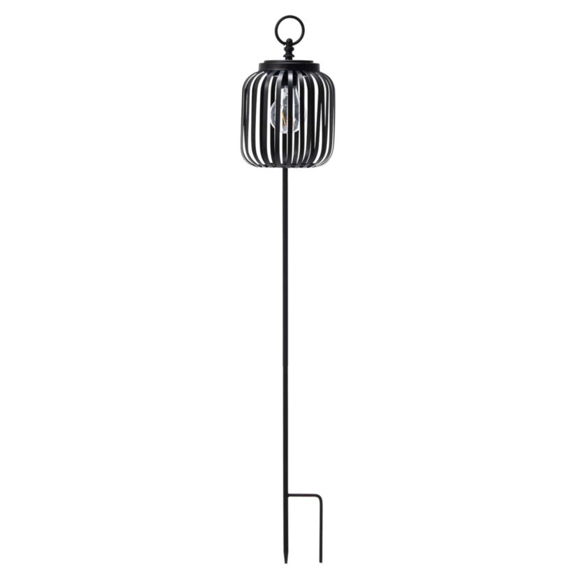 33"H Black Metal Stripes Solar Powered Outdoor Lantern with Edison Bulb and Stake (KD)