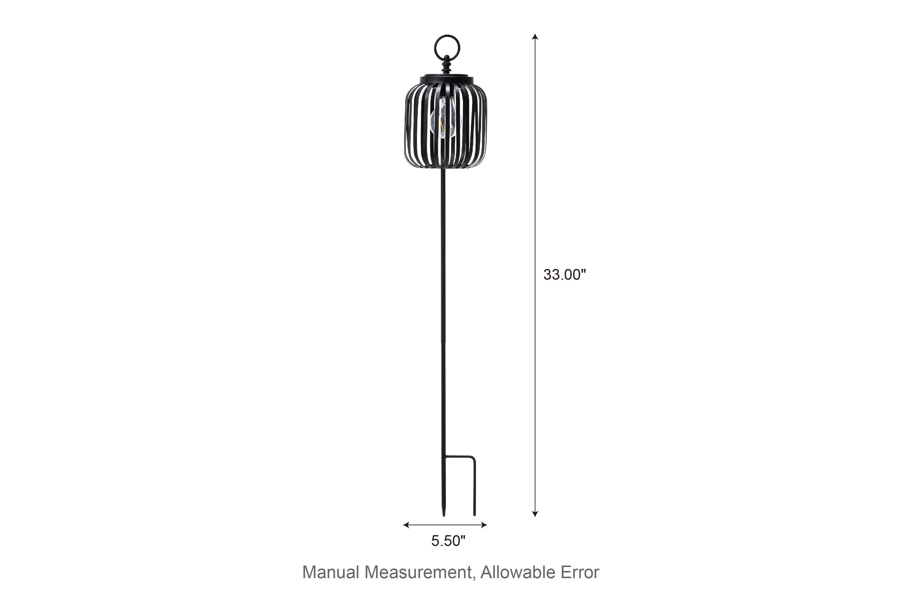 33"H Black Metal Stripes Solar Powered Outdoor Lantern with Edison Bulb and Stake (KD)