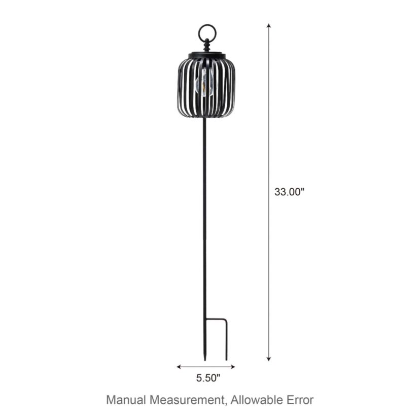 33"H Black Metal Stripes Solar Powered Outdoor Lantern with Edison Bulb and Stake (KD)