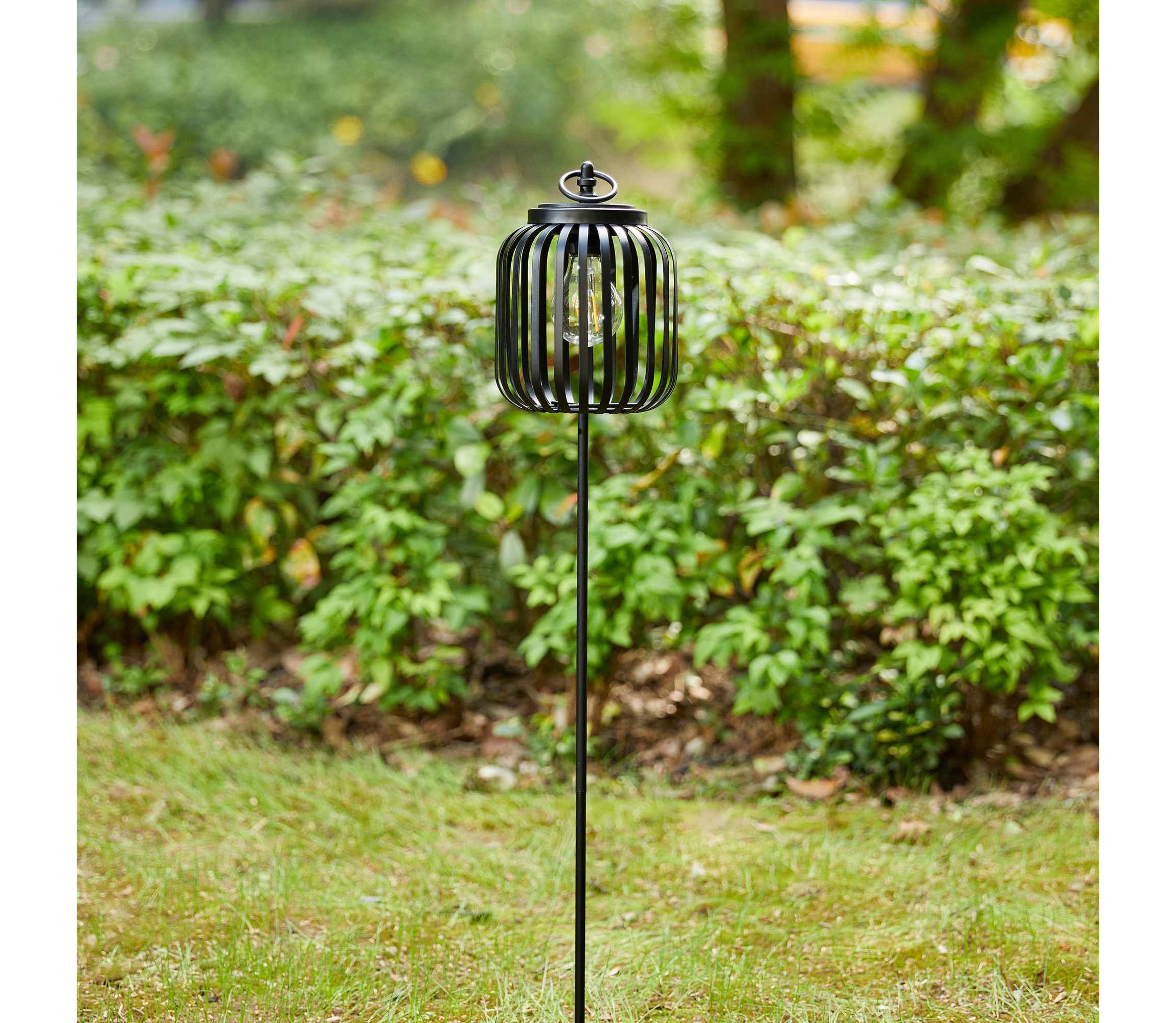 33"H Black Metal Stripes Solar Powered Outdoor Lantern with Edison Bulb and Stake (KD)