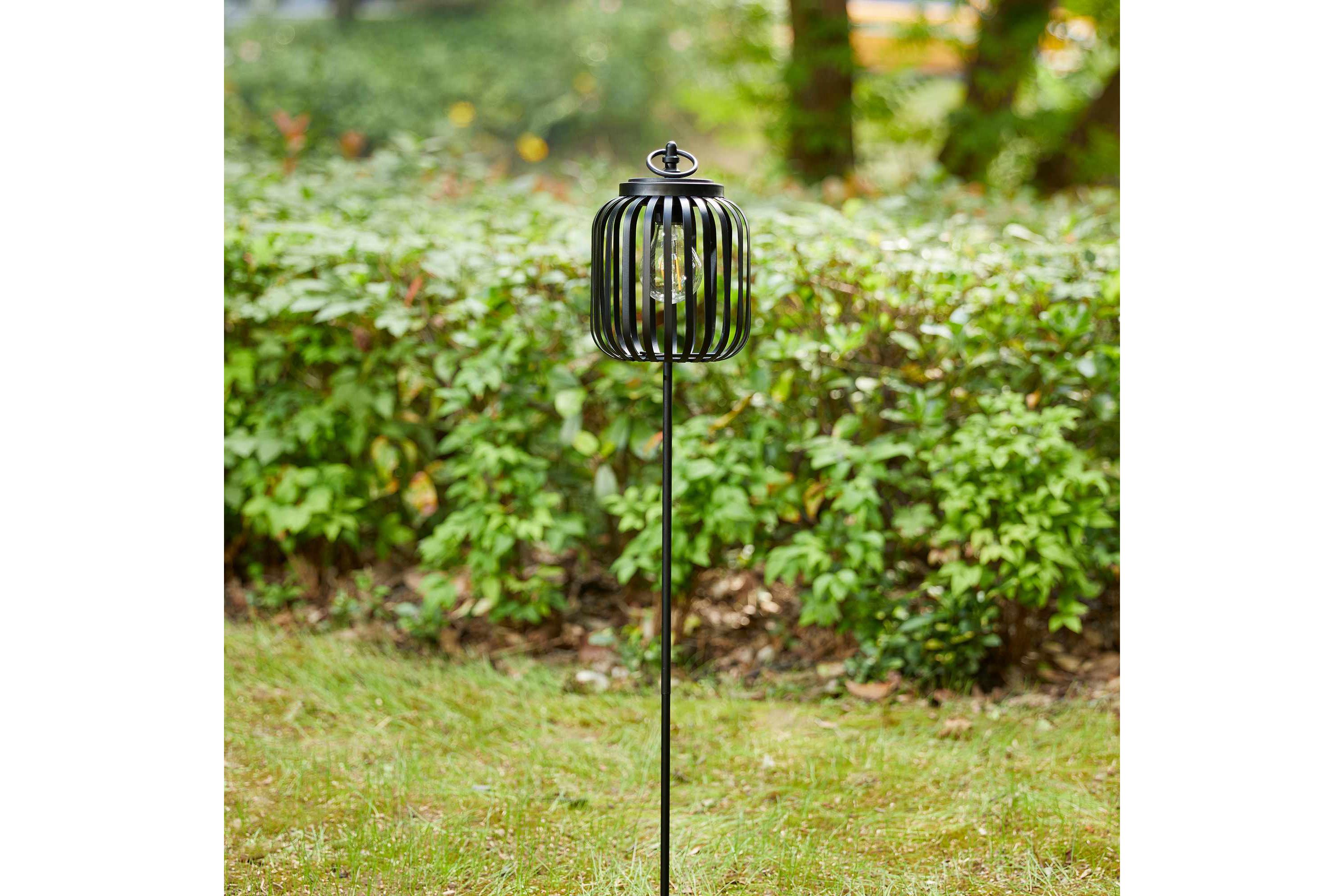 33"H Black Metal Stripes Solar Powered Outdoor Lantern with Edison Bulb and Stake (KD)