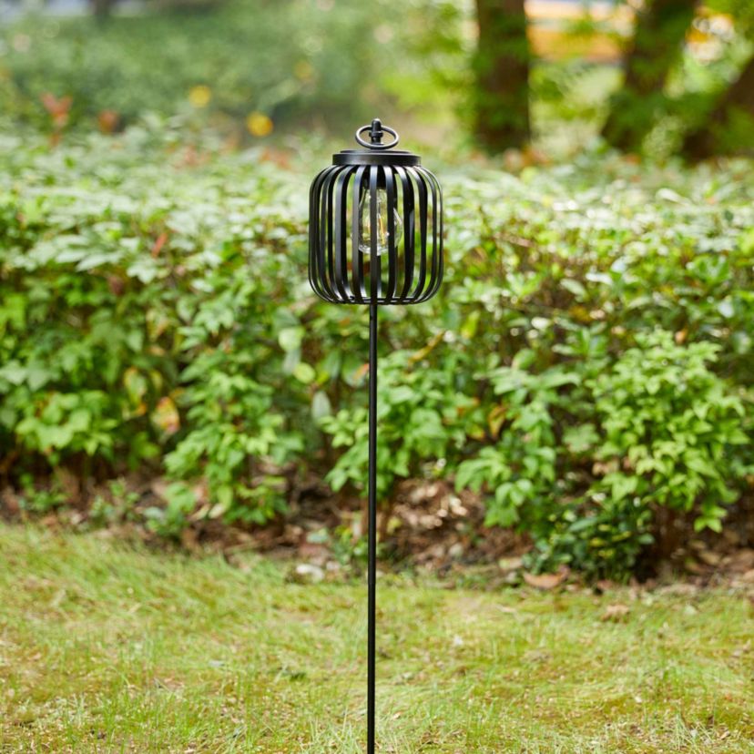 33"H Black Metal Stripes Solar Powered Outdoor Lantern with Edison Bulb and Stake (KD)