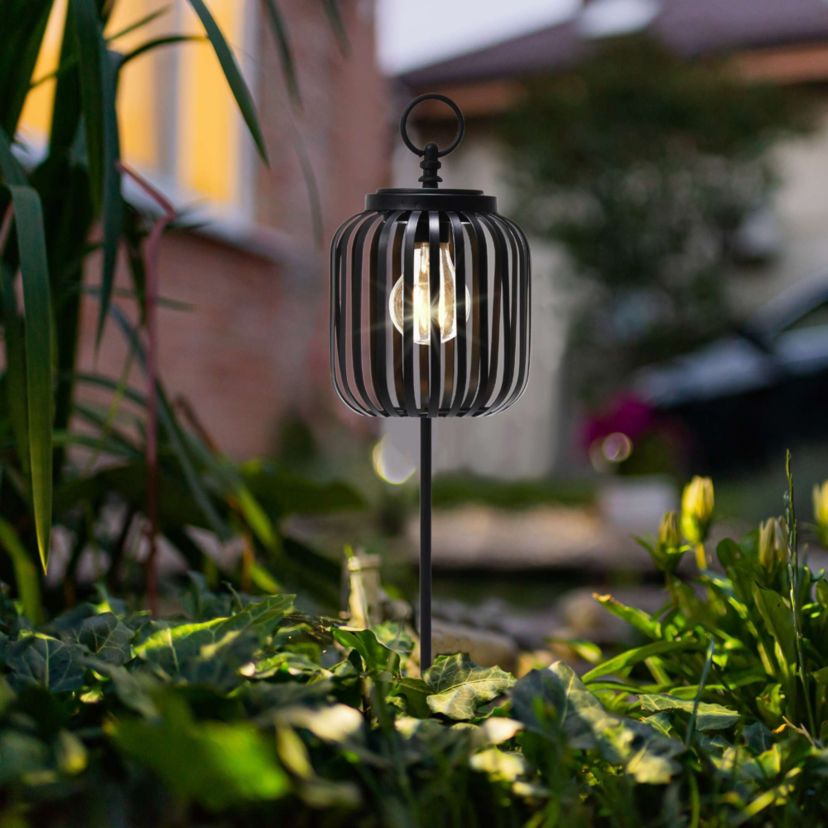 33"H Black Metal Stripes Solar Powered Outdoor Lantern with Edison Bulb and Stake (KD)