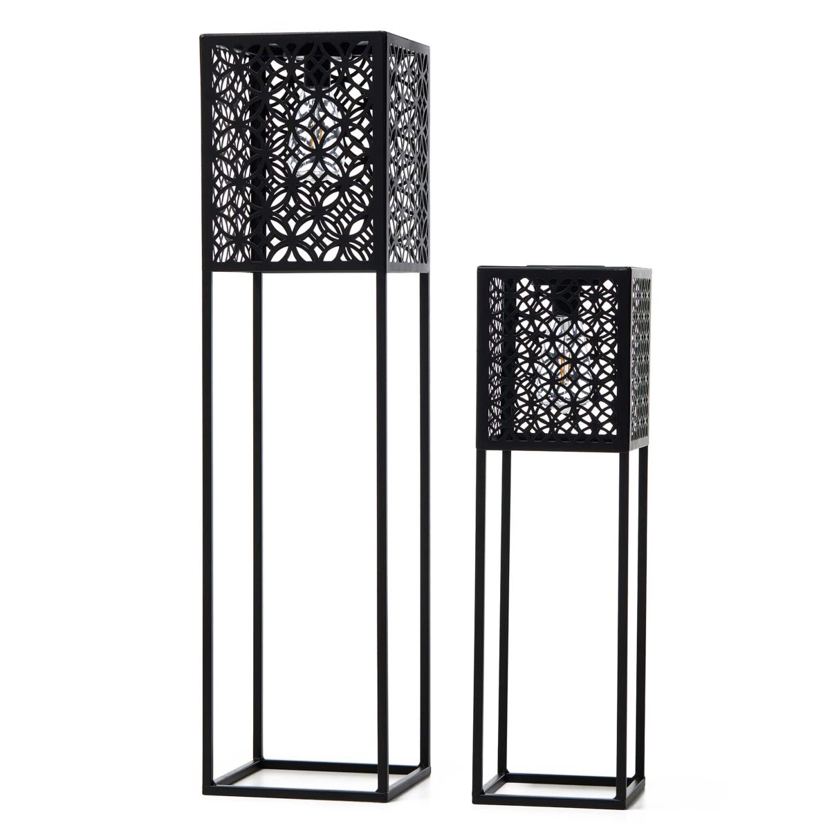 32"H / 22.25"H Oversized Set of 2 Black Metal Cutout Pattern Solar Powered Edison Bulb Outdoor Floor Lantern or planter standsL: 8"L X 8"W X 32"HS: 6.5"L X 6.5"W X 22.25"H