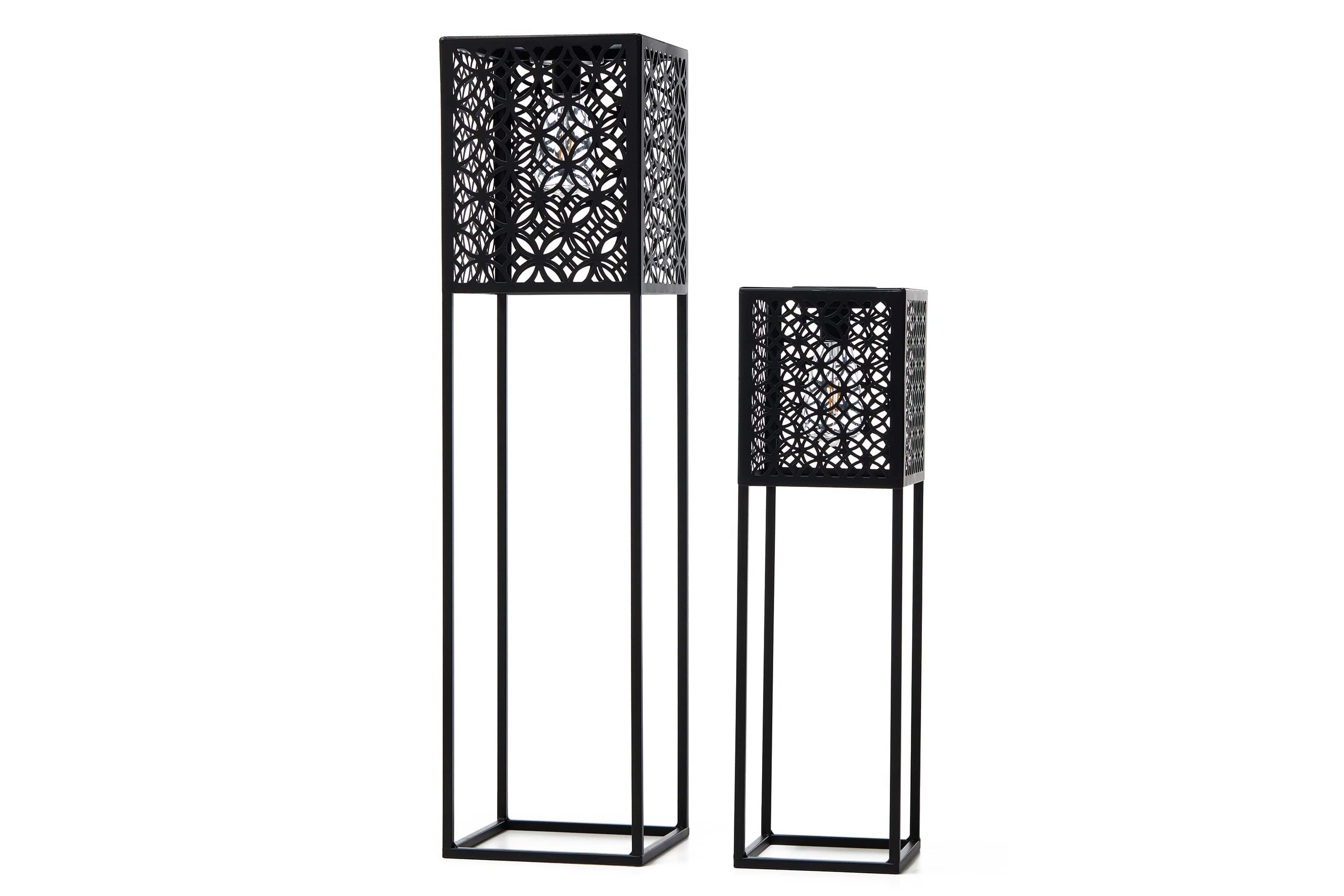 32"H / 22.25"H Oversized Set of 2 Black Metal Cutout Pattern Solar Powered Edison Bulb Outdoor Floor Lantern or planter standsL: 8"L X 8"W X 32"HS: 6.5"L X 6.5"W X 22.25"H