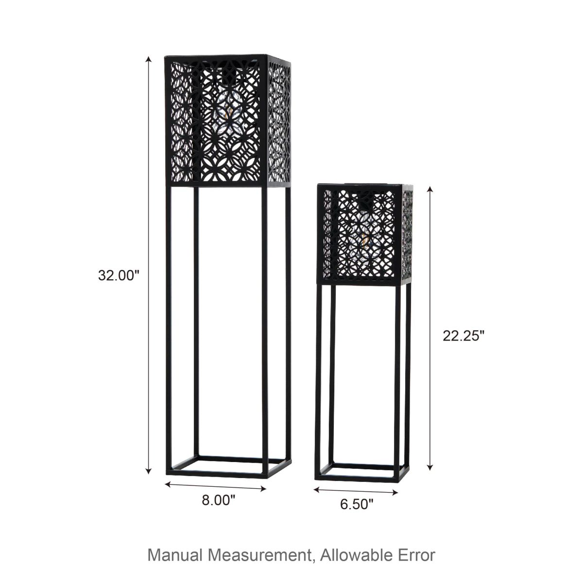 32"H / 22.25"H Oversized Set of 2 Black Metal Cutout Pattern Solar Powered Edison Bulb Outdoor Floor Lantern or planter standsL: 8"L X 8"W X 32"HS: 6.5"L X 6.5"W X 22.25"H