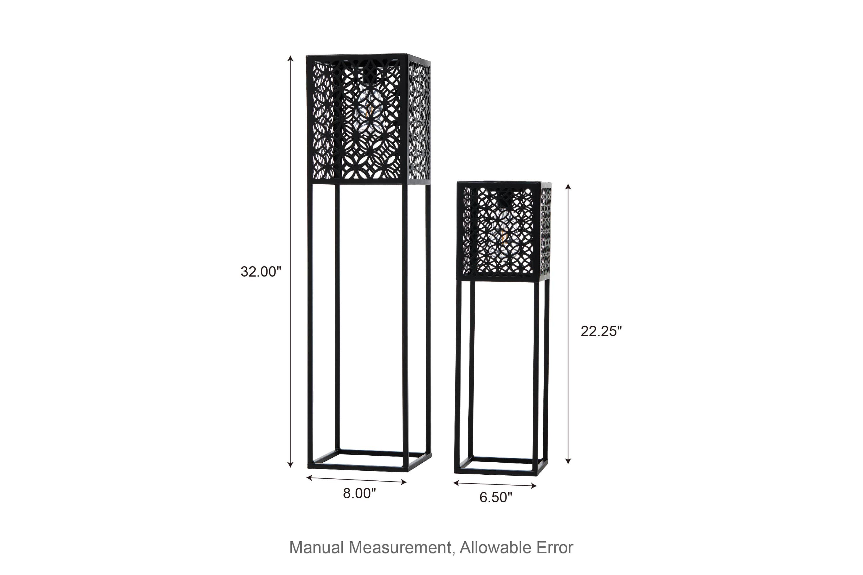 32"H / 22.25"H Oversized Set of 2 Black Metal Cutout Pattern Solar Powered Edison Bulb Outdoor Floor Lantern or planter standsL: 8"L X 8"W X 32"HS: 6.5"L X 6.5"W X 22.25"H