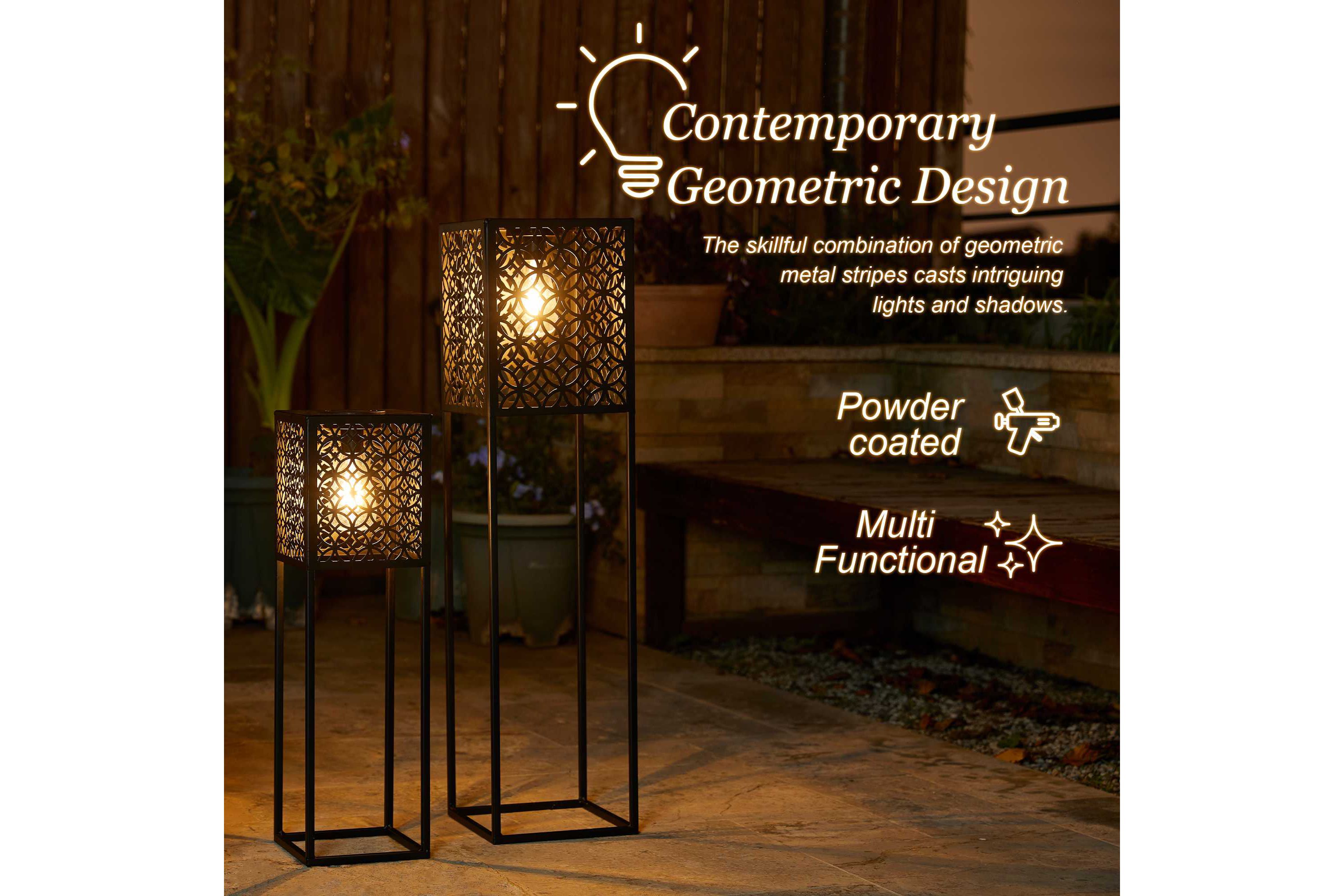 32"H / 22.25"H Oversized Set of 2 Black Metal Cutout Pattern Solar Powered Edison Bulb Outdoor Floor Lantern or planter standsL: 8"L X 8"W X 32"HS: 6.5"L X 6.5"W X 22.25"H