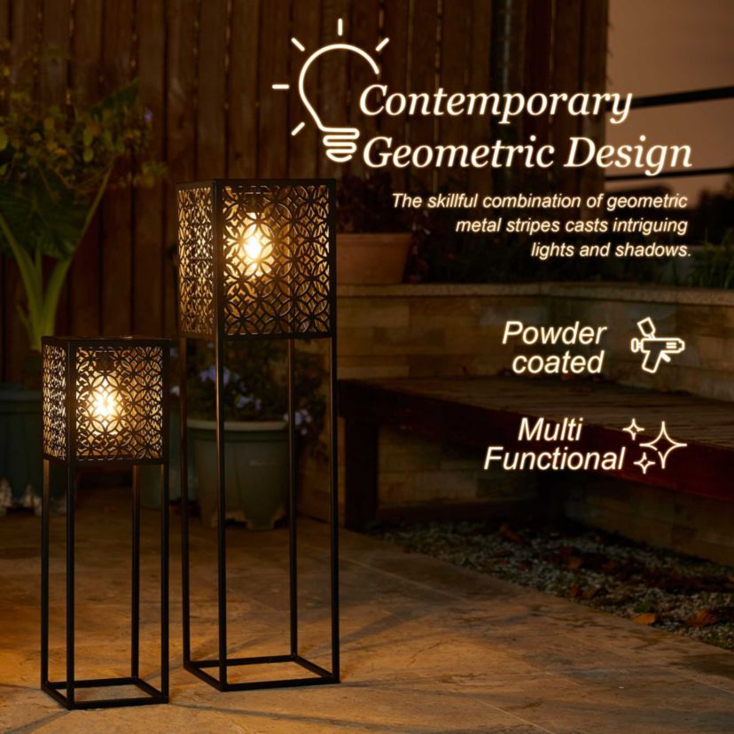 32"H / 22.25"H Oversized Set of 2 Black Metal Cutout Pattern Solar Powered Edison Bulb Outdoor Floor Lantern or planter standsL: 8"L X 8"W X 32"HS: 6.5"L X 6.5"W X 22.25"H