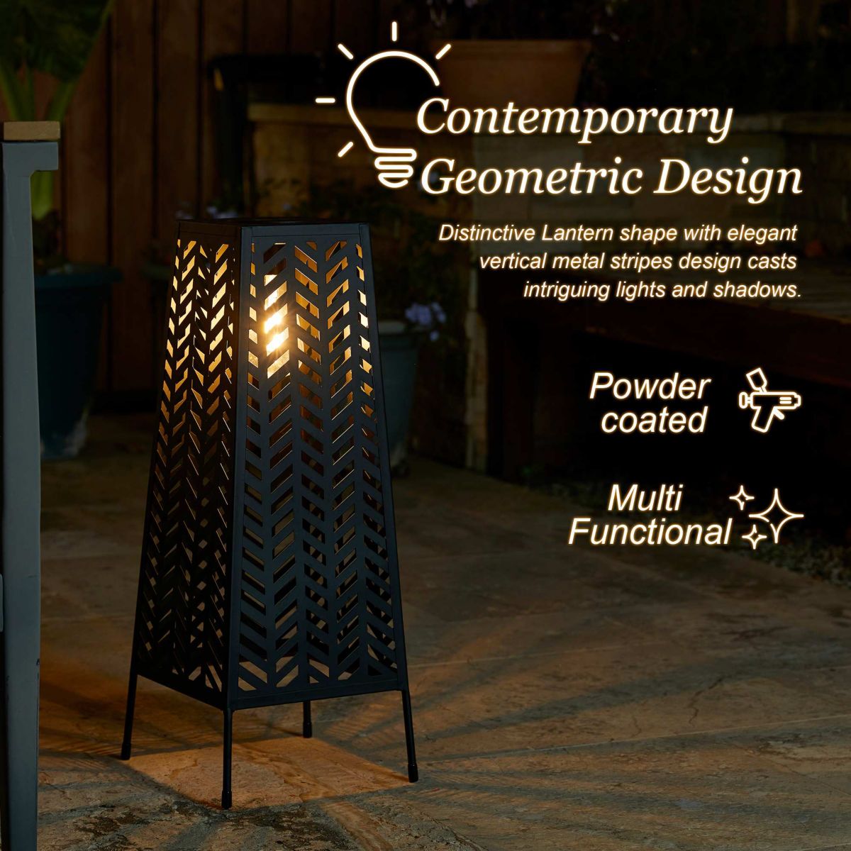 21.5"H Metal Geometric Solar Powered Floor Lantern with Edison Bulb