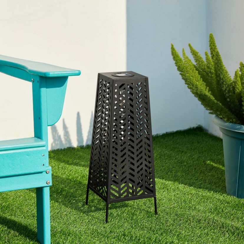 21.5"H Metal Geometric Solar Powered Floor Lantern with Edison Bulb